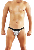 Icker sea horses micro slip bikini underwear in grey with black and white floral-patterned thong and solid black waistband