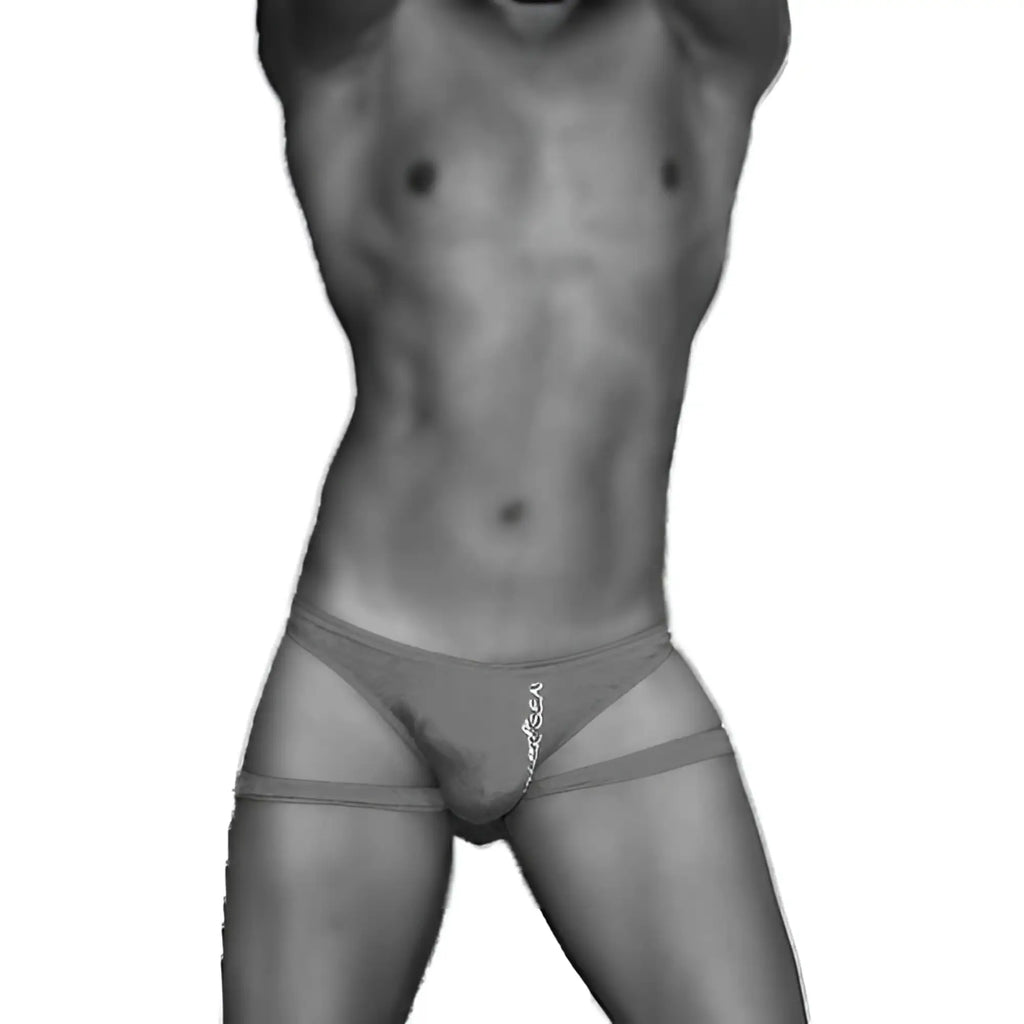 Black and white digital rendering of a man wearing orange icker sea jock thong underwear with thin side straps