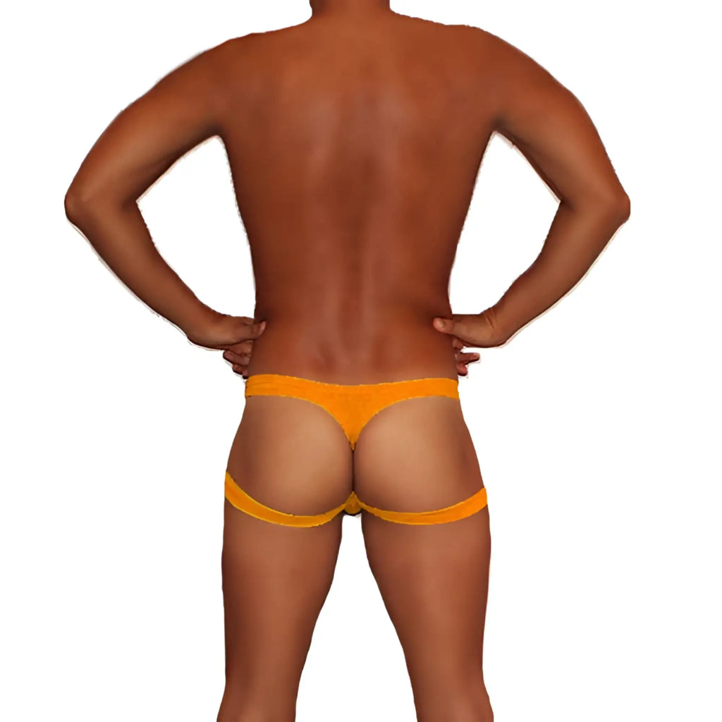 Orange icker sea jock thong with wide supportive band around hips showing back side of underwear COI-18-09