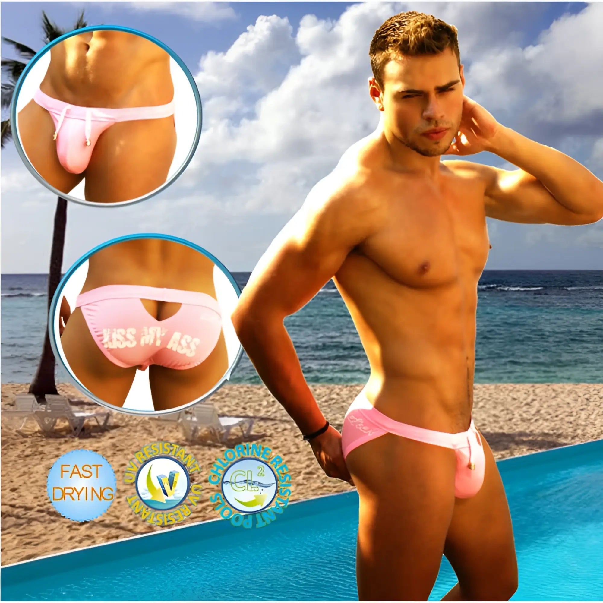 Pink icker sea men’s swim trunks showing the cheeky kiss my ass graphic on the back for casual beachwear