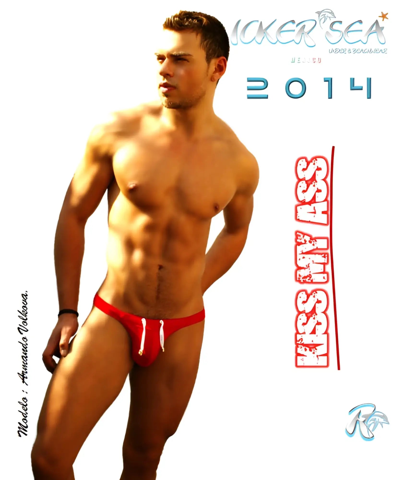 Red icker sea kiss my ass back cut out slip bikini swimwear with white drawstring red swim trunks back view