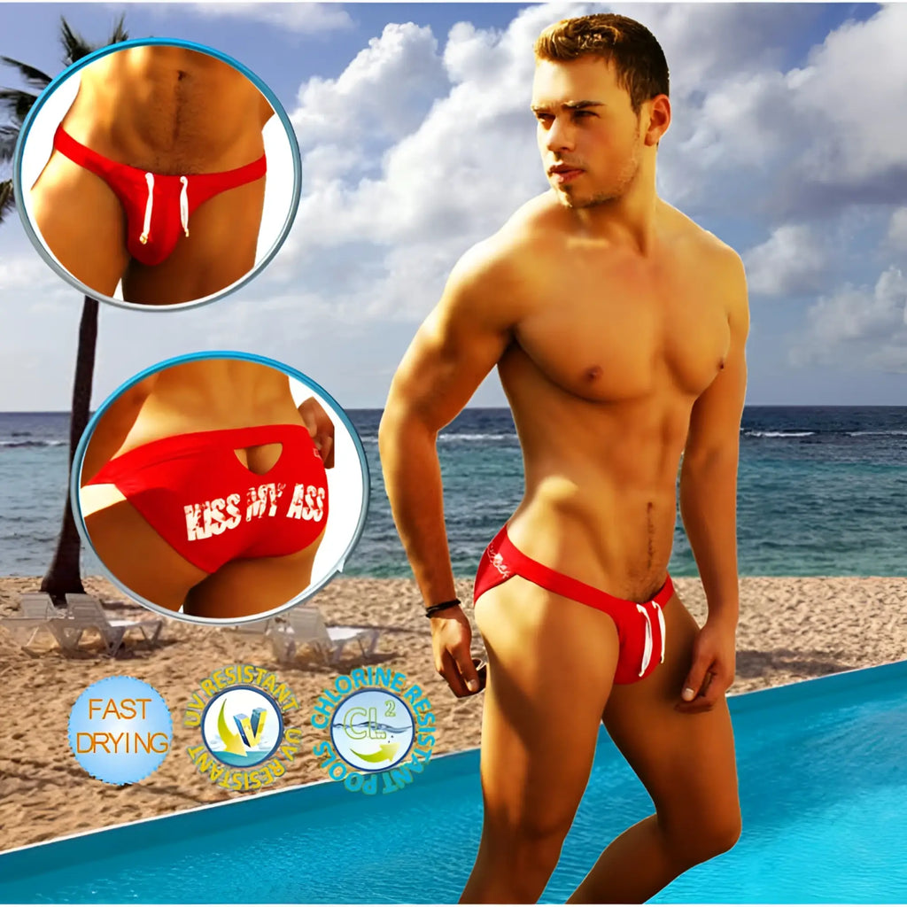 Back view of red icker sea kiss my ass swim trunks with white drawstrings and graphic print design