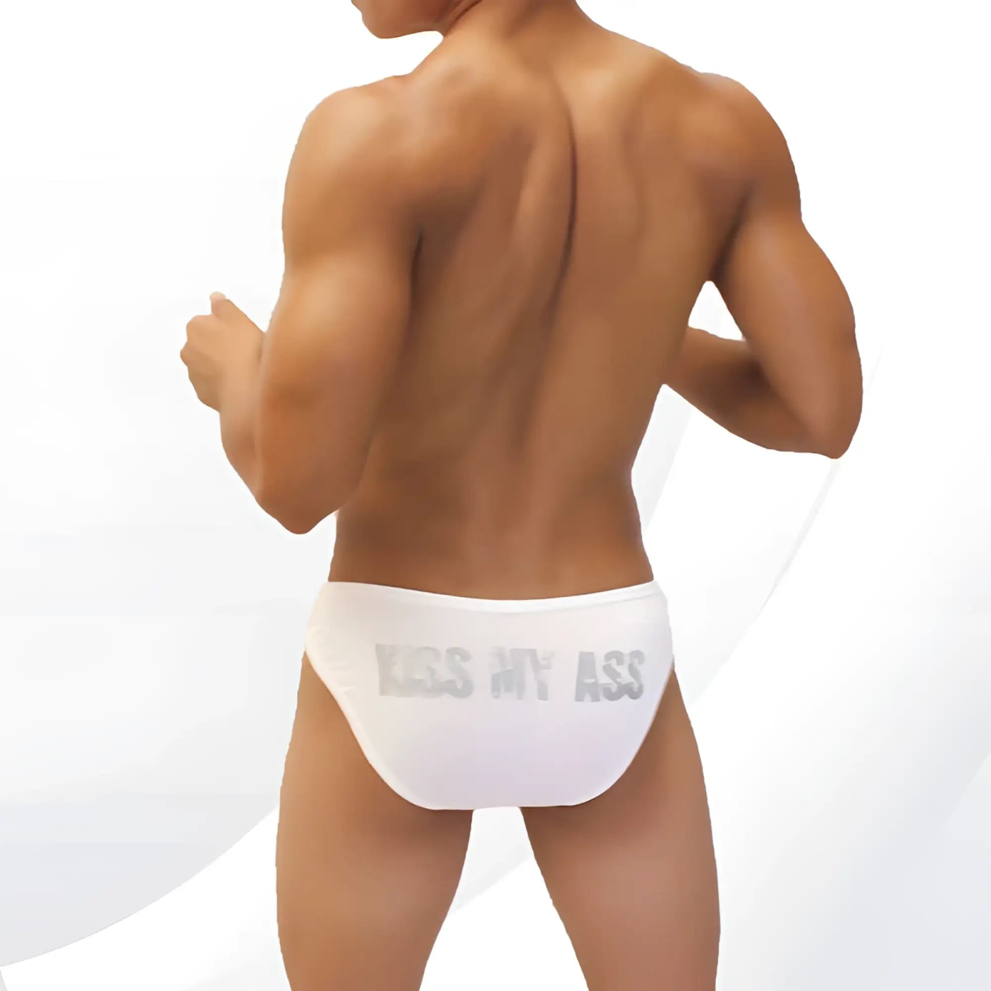 White briefs backside with silver kiss my ass text from icker sea kiss my ass bikini underwear white COI-22-08