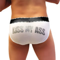 White briefs with black waistband and kiss my ass printed in distressed gray lettering by icker sea model coi-21-04