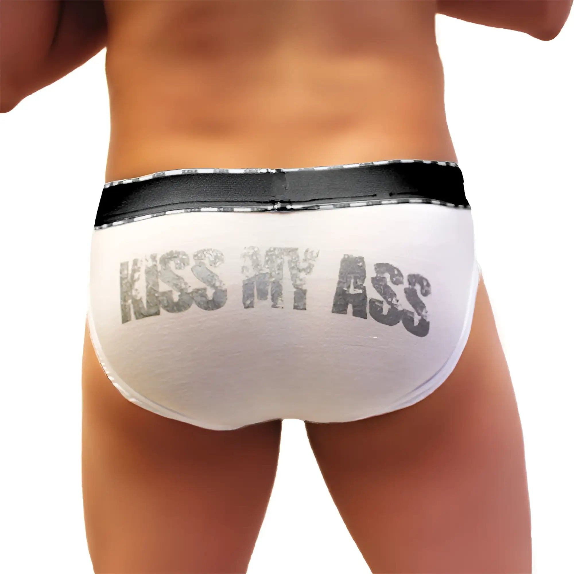 White briefs with black waistband and kiss my ass printed in distressed gray lettering by icker sea model coi-21-04