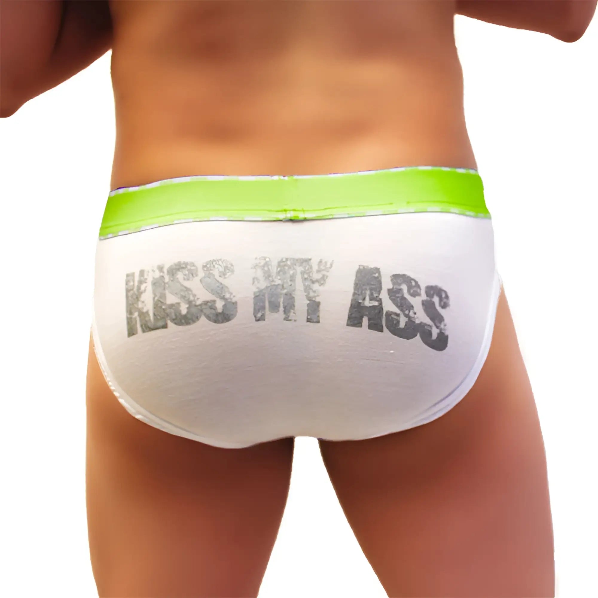 White briefs with lime green waistband and distressed gray kiss my ass print from icker sea COI-21-04 collection