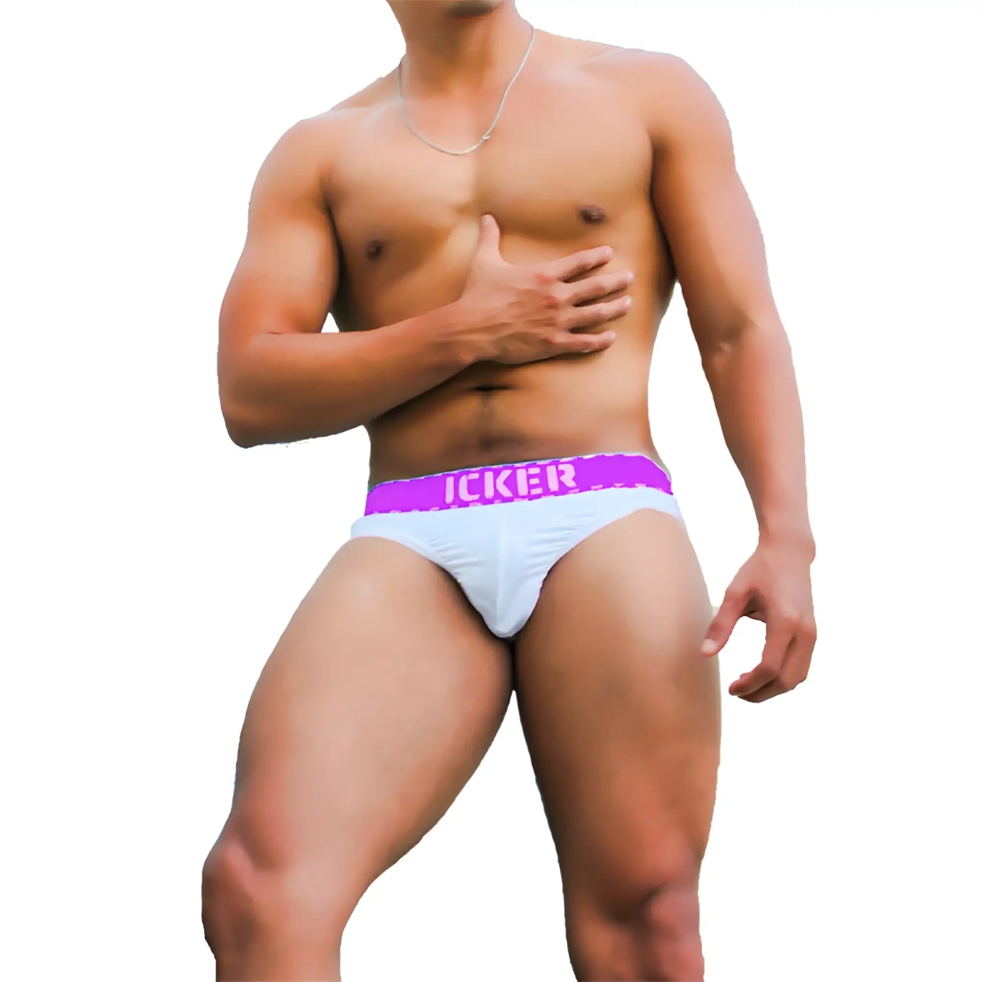 White briefs with a vibrant purple waistband featuring icker brand name bold white lettering sea kiss my ass brief underwear
