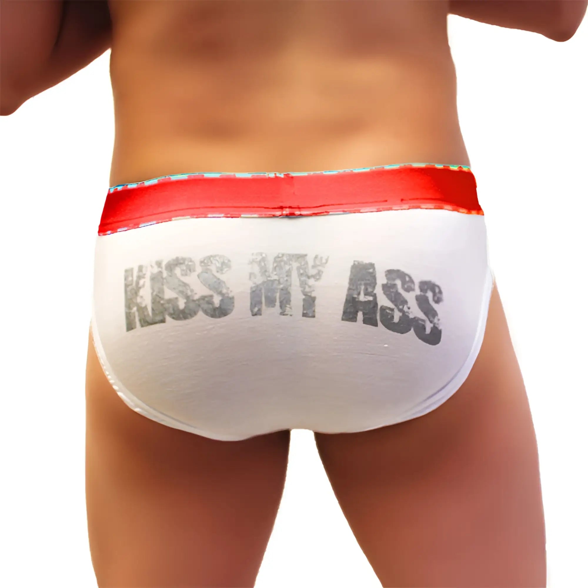 White briefs with a red elastic waistband and distressed gray kiss my ass print by icker sea model coi 21 04
