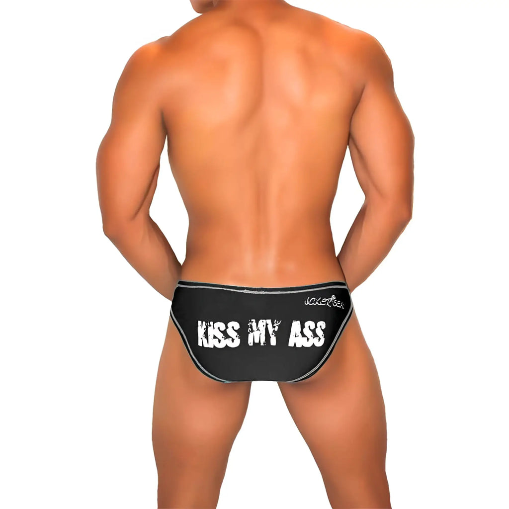 Black icker sea kiss my ass bikini briefs with white text and silver trim featuring bold contrast stitching