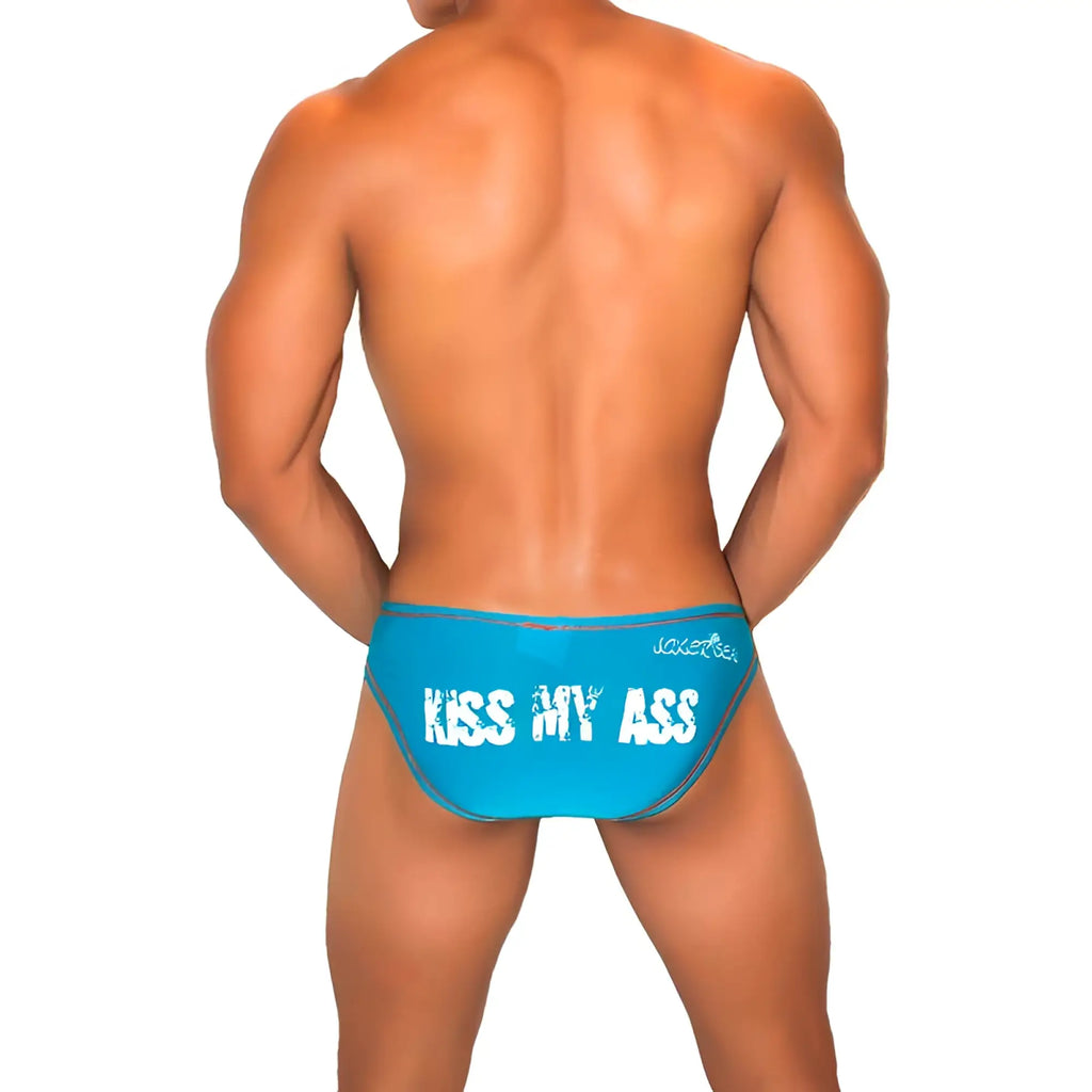 Bright blue jaxx men’s swim trunks with bold white kiss my ass text and contrast stitching on the back side