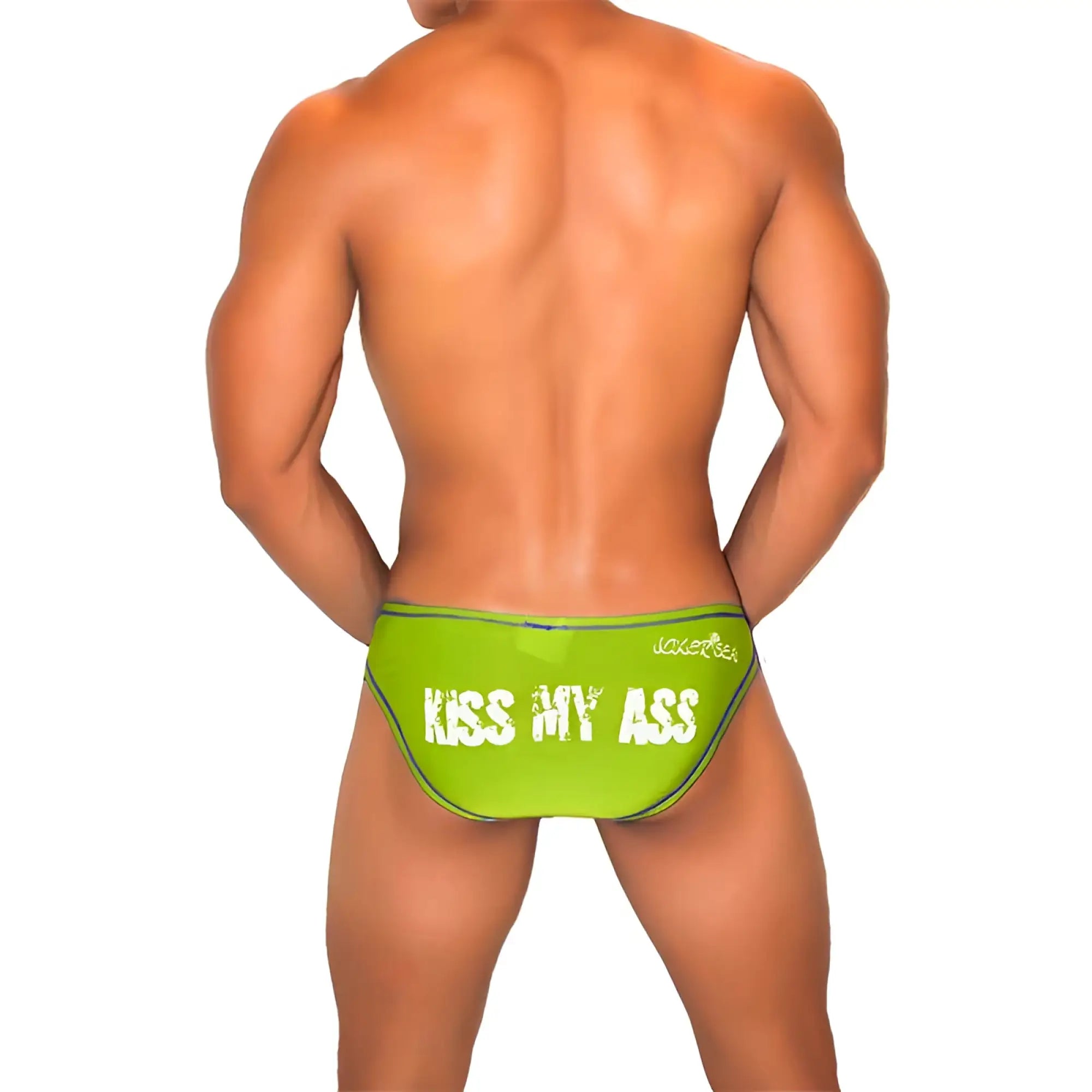 Bright lime green icker sea kiss my ass bikini briefs with bold white text and contrast stitching waistband logo