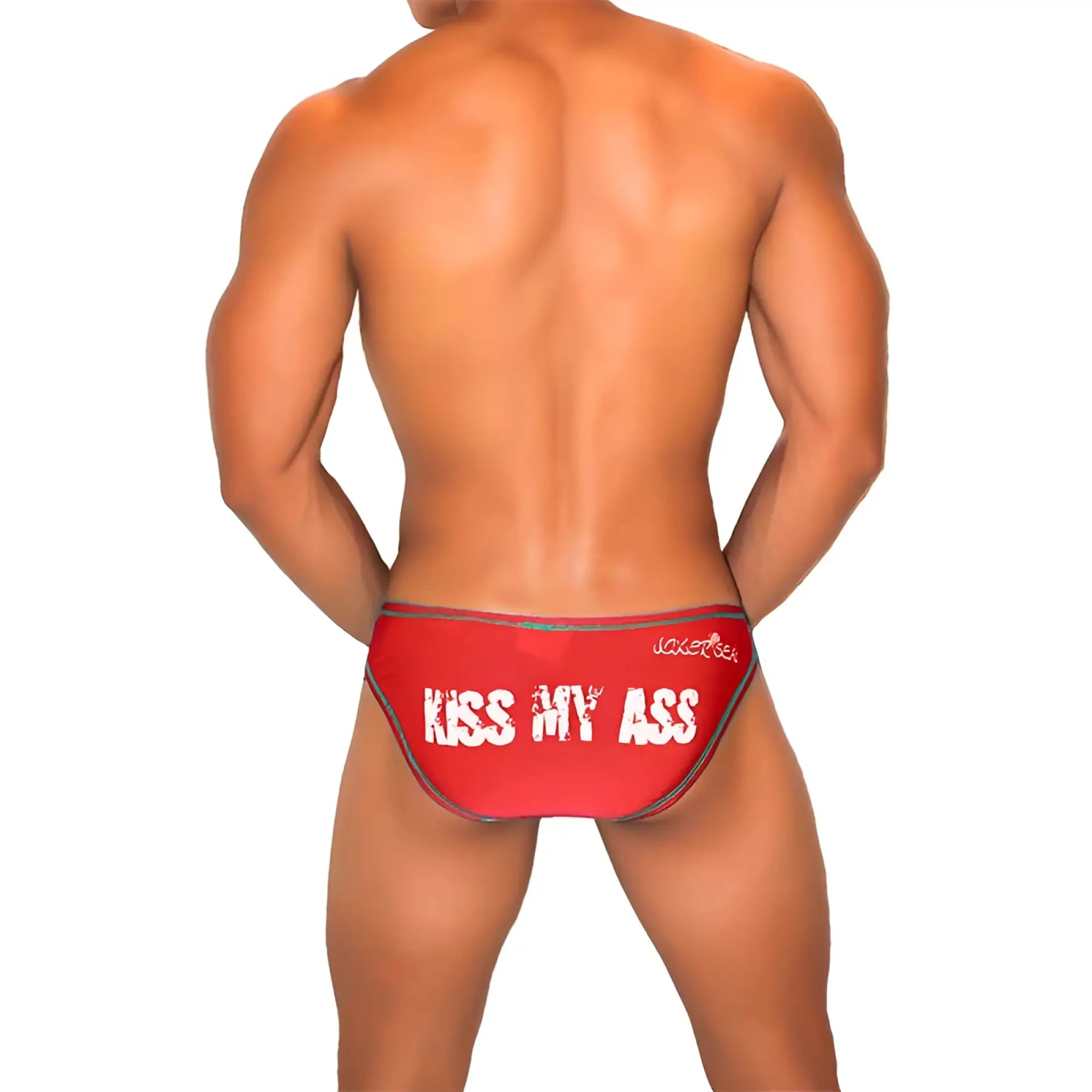 Red jakerise briefs with white kiss my ass text and gray trim from icker sea contrast stitching bikini underwear red coi 22 02