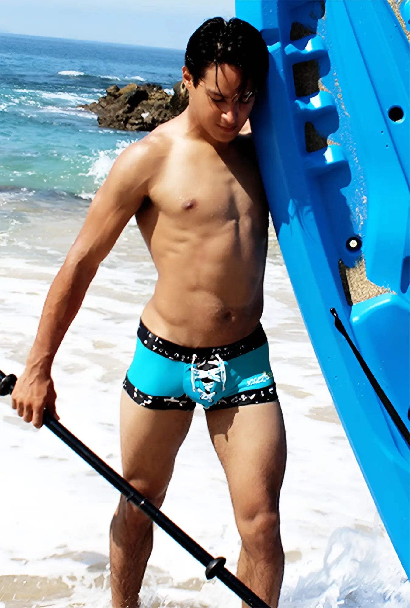 Ucker sea lace up contrast square cut trunk swimwear in blue and black with lace-up front for swim use