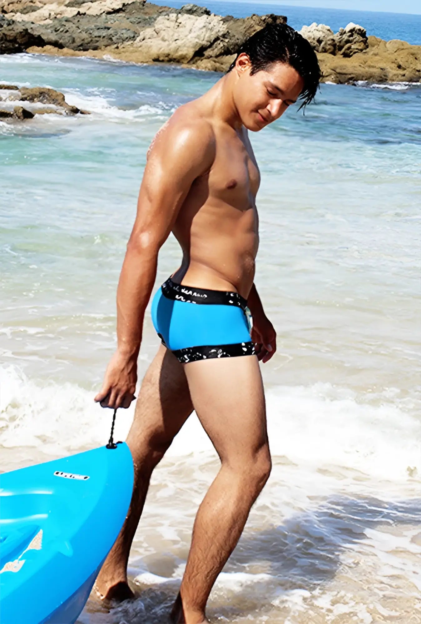 Icker Sea lace up contrast square cut blue swim trunks with black patterned waistband for swimwear use