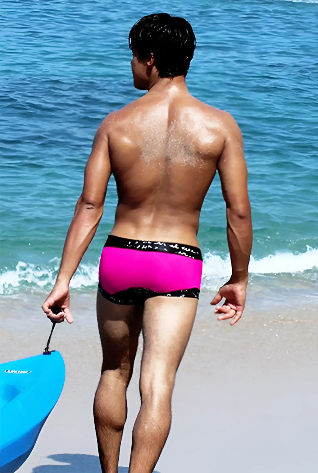 Icker Sea lace up contrast square cut trunk swimwear in fuchsia with black patterned waistband for swimming