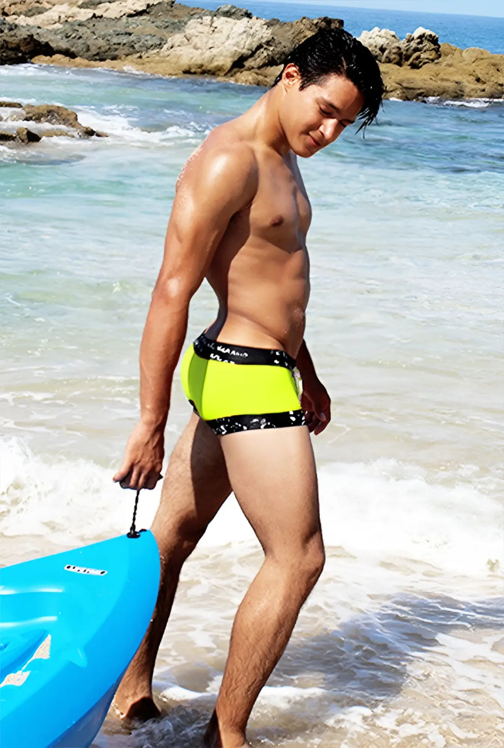 Icker Sea bright neon green swim trunks with black patterned trim lace up contrast square cut style