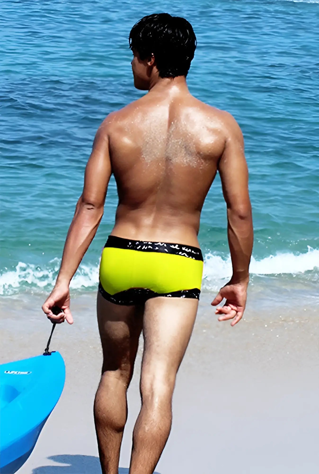 Icker Sea lace up contrast square cut swim trunks in mango yellow with black patterned waistband for swimming