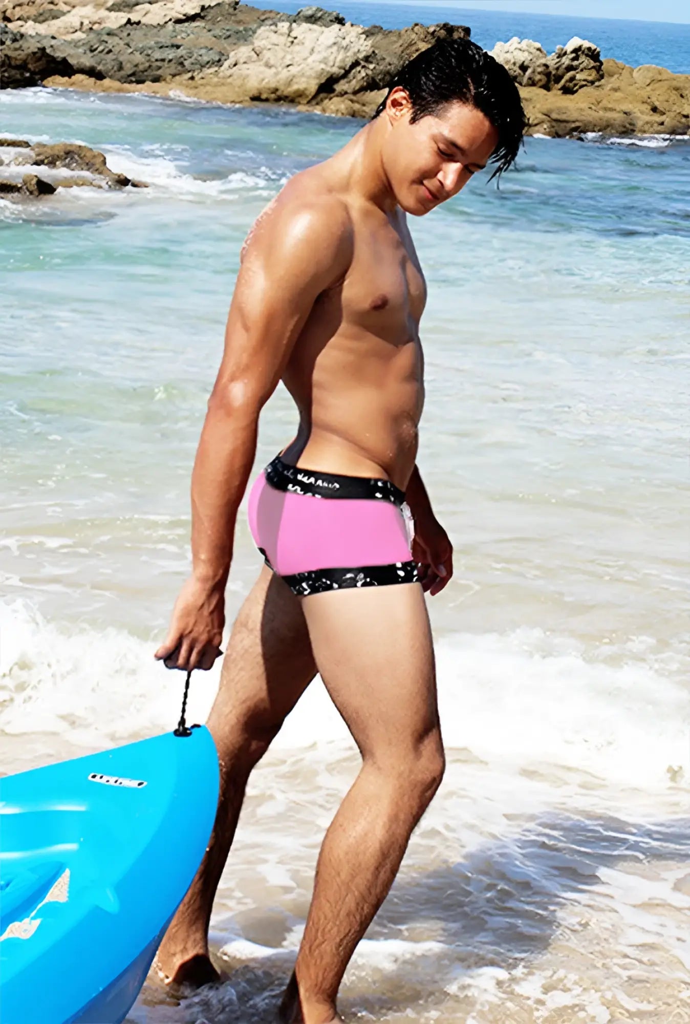 Icker Sea lace up contrast square cut trunk swimwear in pink swim trunks with black patterned trim for men