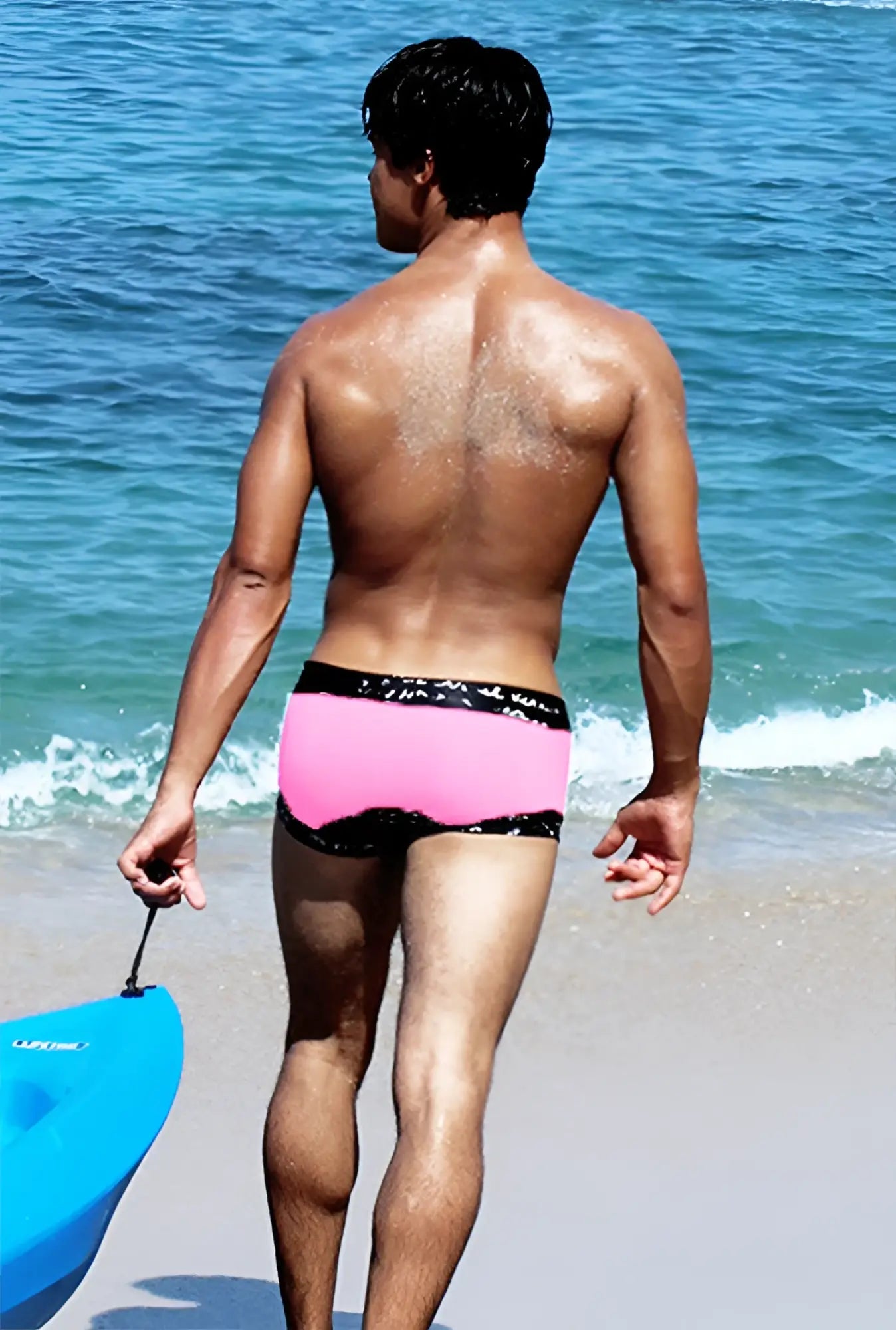 Icker sea lace up contrast square cut trunk swimwear in pink with black trim and shiny patterned waistband