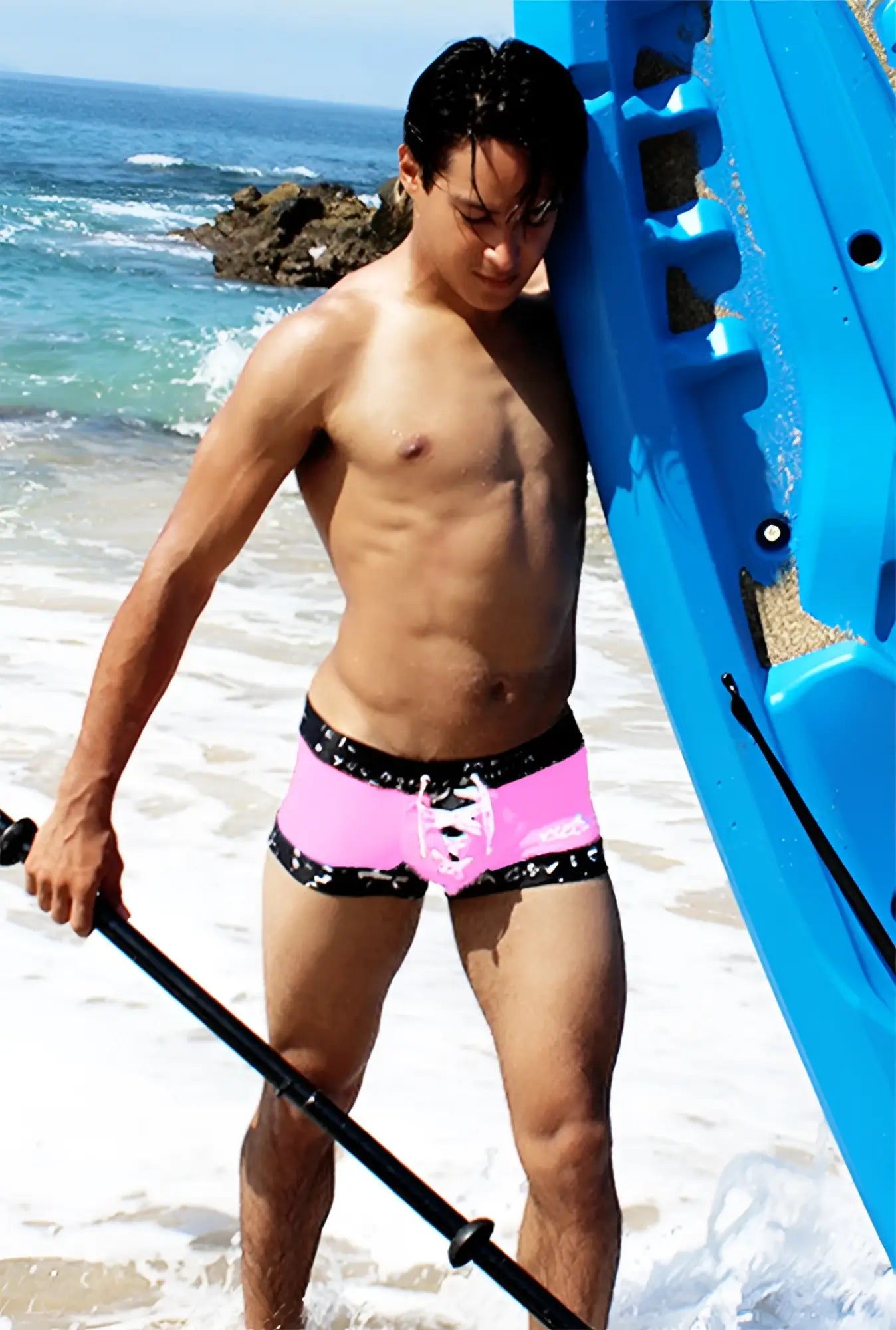 Icker Sea lace up contrast square cut trunk swimwear in pink and black with black trim and lace-up front design