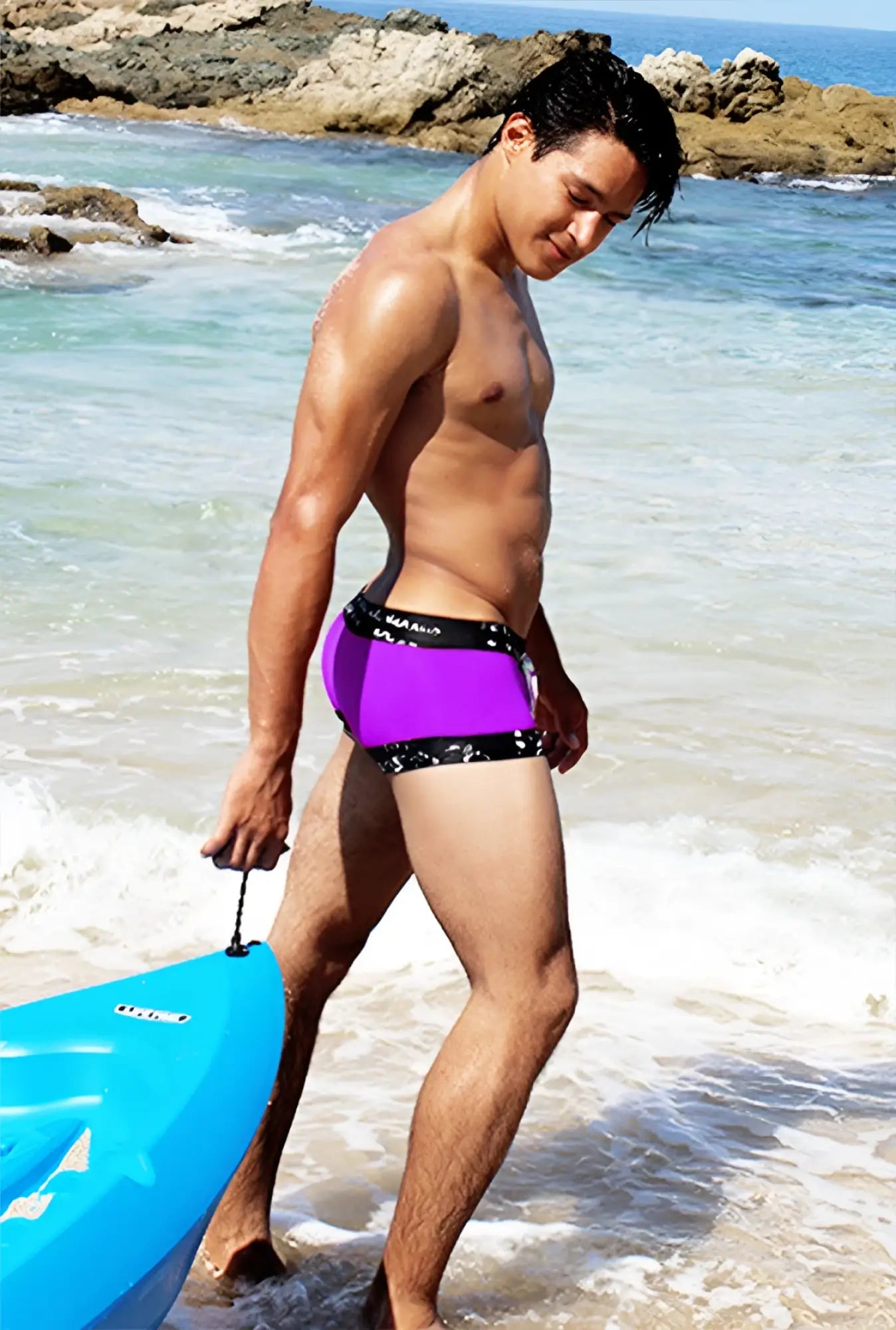Icker Sea lace up contrast square cut trunk swimwear in purple with black trim and a subtle pattern