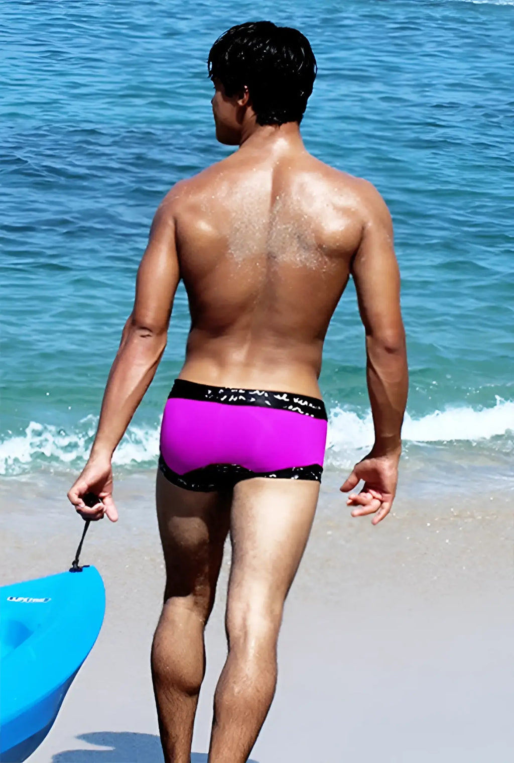 Icker Sea lace up contrast square cut trunk swimwear in vibrant magenta with black elastic waistband and subtle pattern