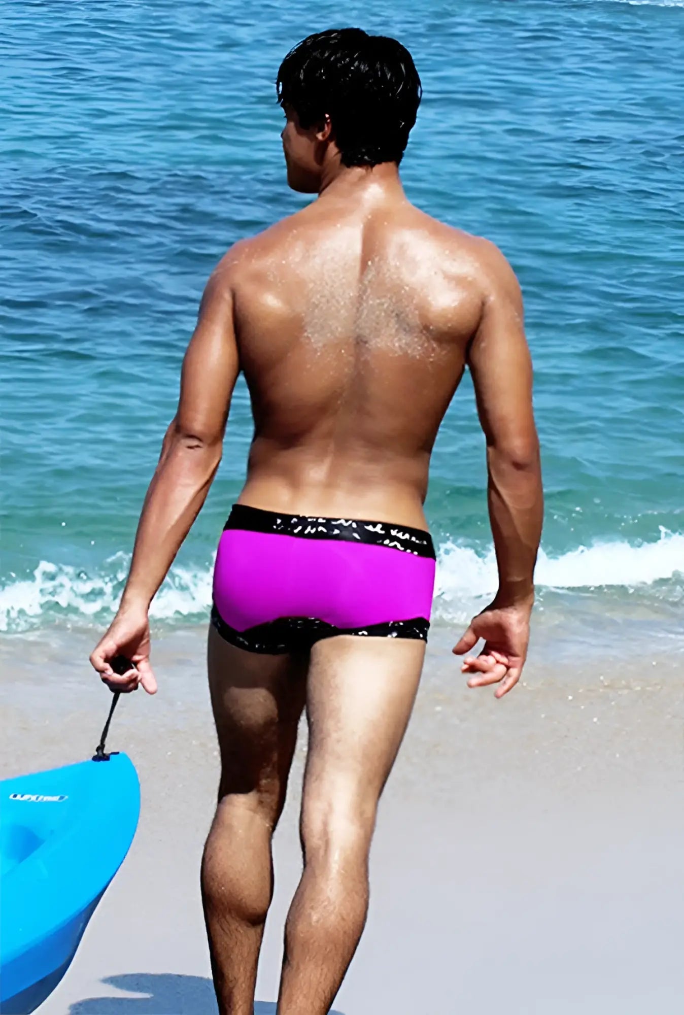 Icker Sea lace up contrast square cut trunk swimwear in vibrant magenta with black elastic waistband and subtle pattern