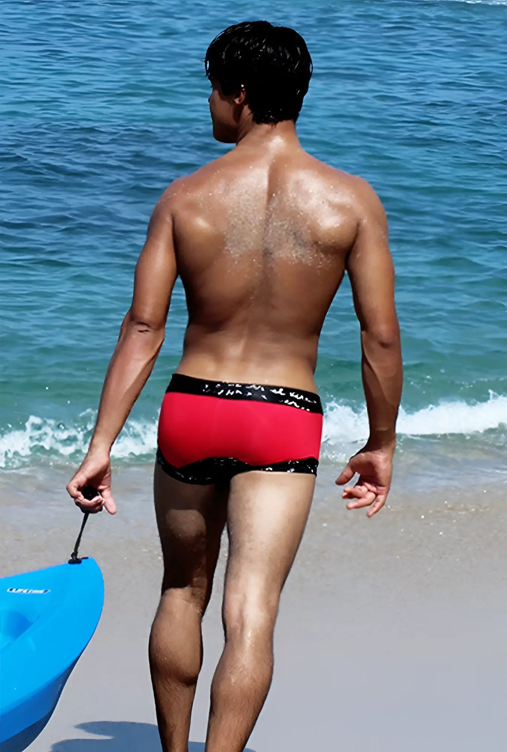 Icker sea lace up contrast square cut trunk swimwear in red with black patterned waistband for swimming