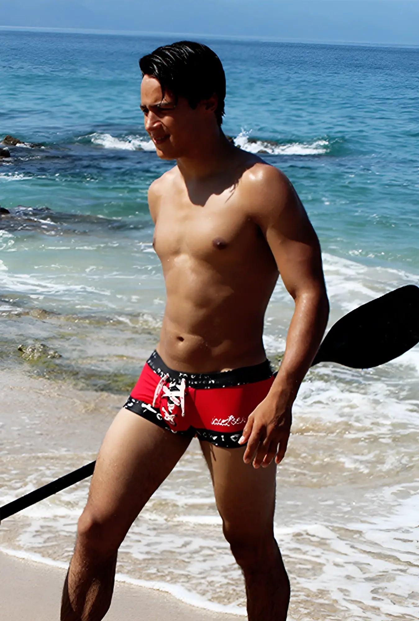 Icker Sea Lace Up contrast square cut swim trunks in red and black with a white logo on the side