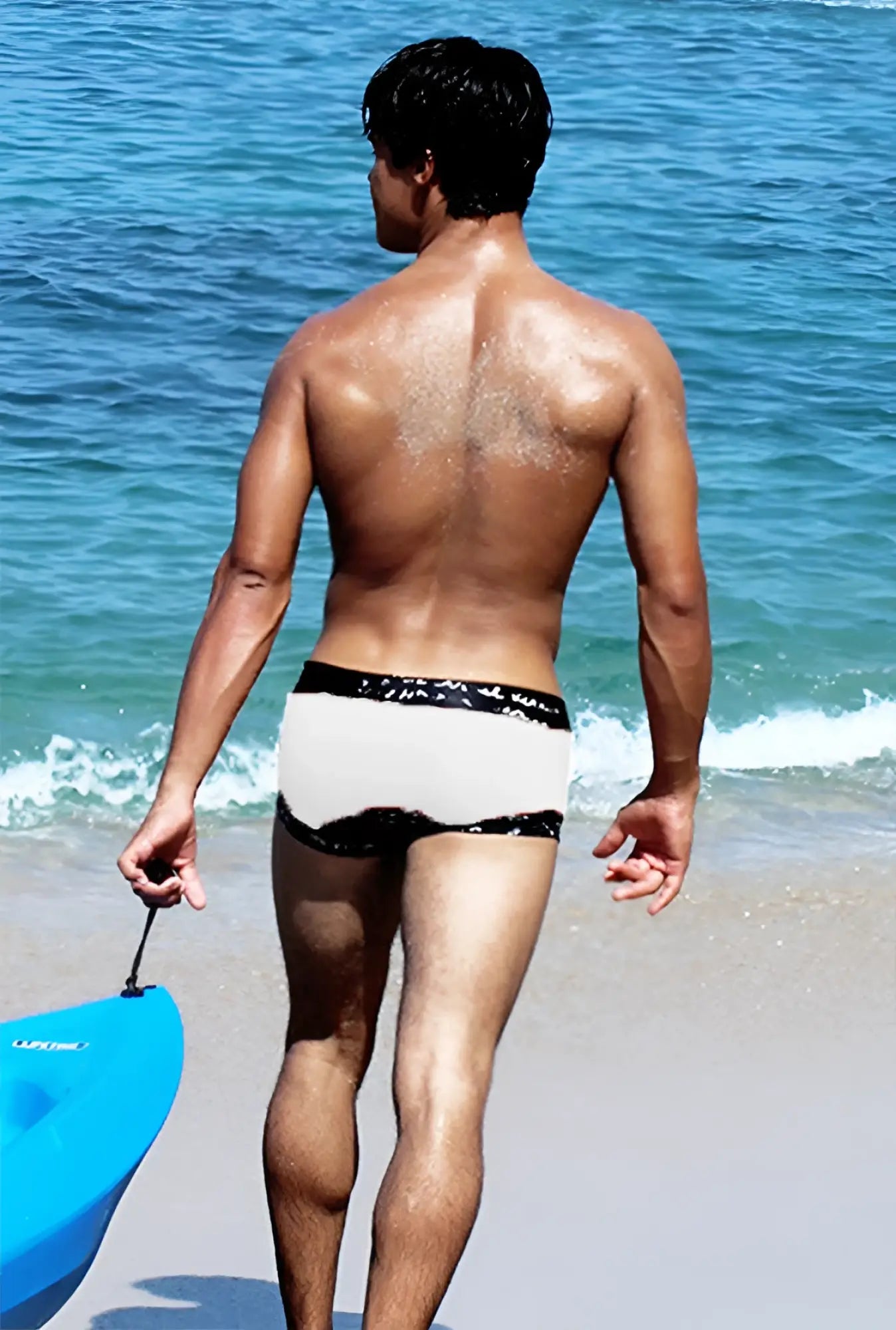 White icker sea lace up contrast square cut swim trunks with black patterned trim for beachwear