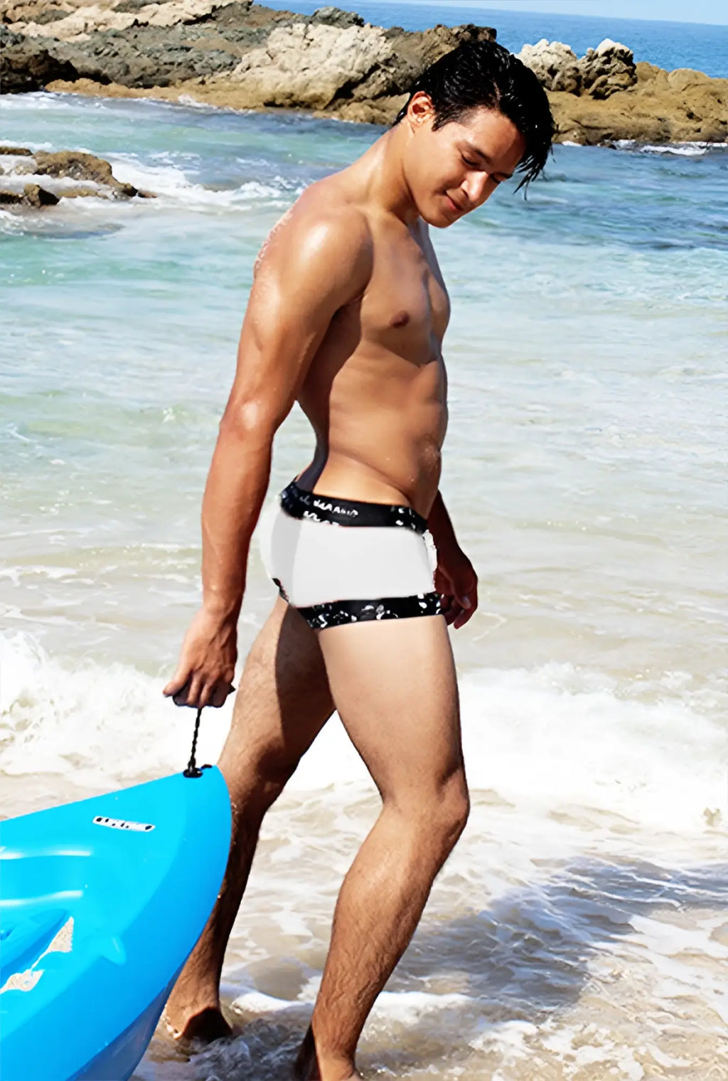 Icker Sea Lace Up contrast square cut trunk swimwear in white with black patterned trim for men