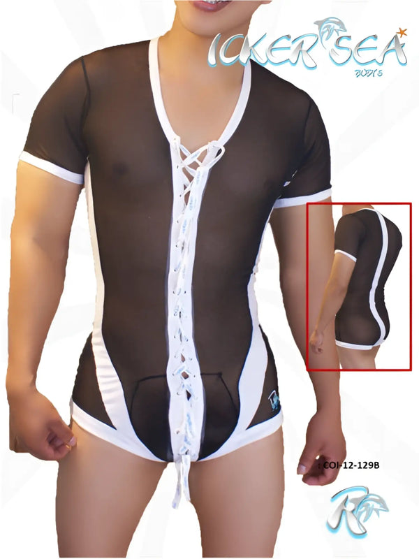 Icker Sea lace up front mesh bodysuit black featuring sheer black and white lace short sleeves and a v neckline