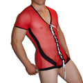 Icker Sea lace up front mesh bodysuit red with black trim and white lacing down the front in sheer material