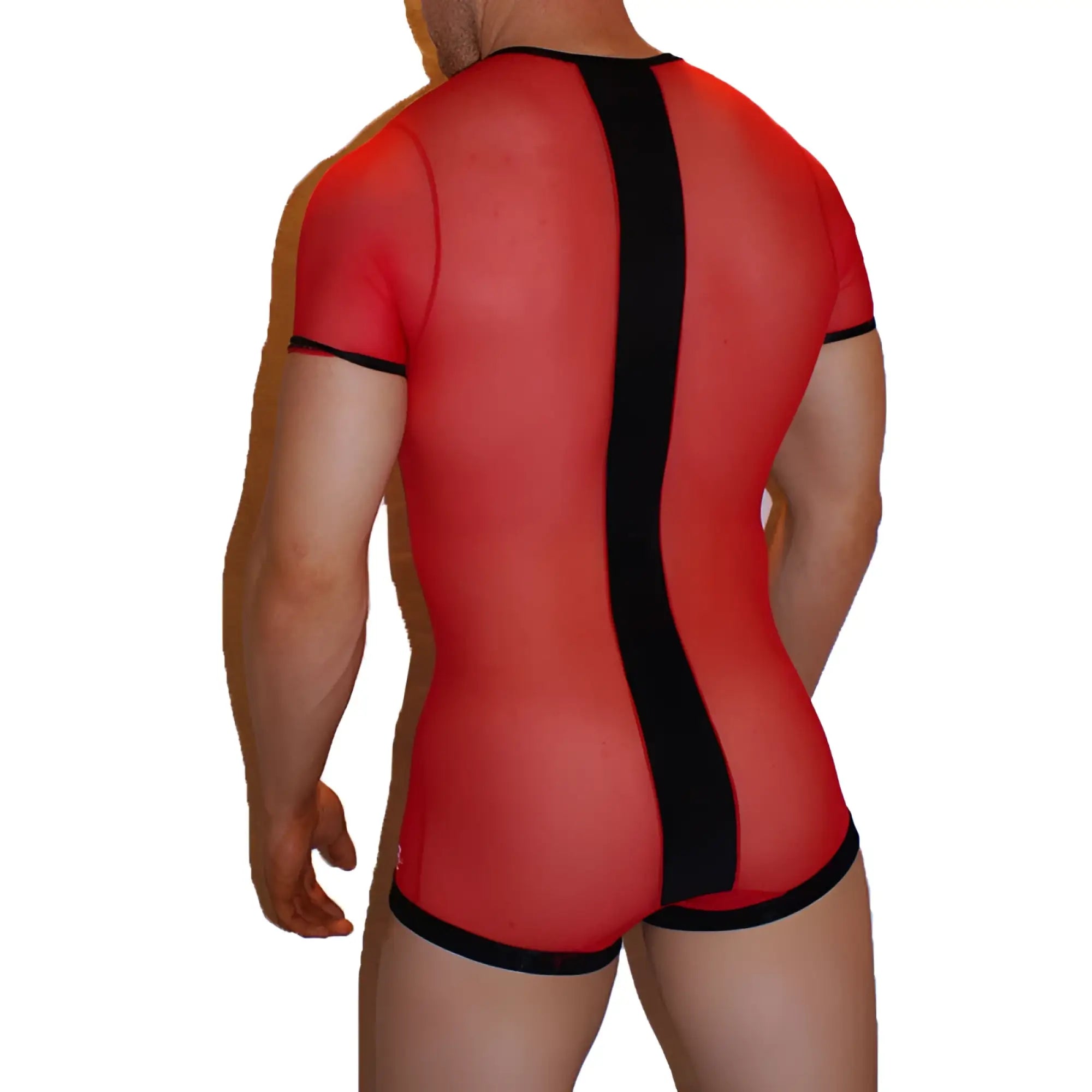 Icker Sea lace up front red mesh short sleeved bodysuit with black trim and central vertical stripe on the back