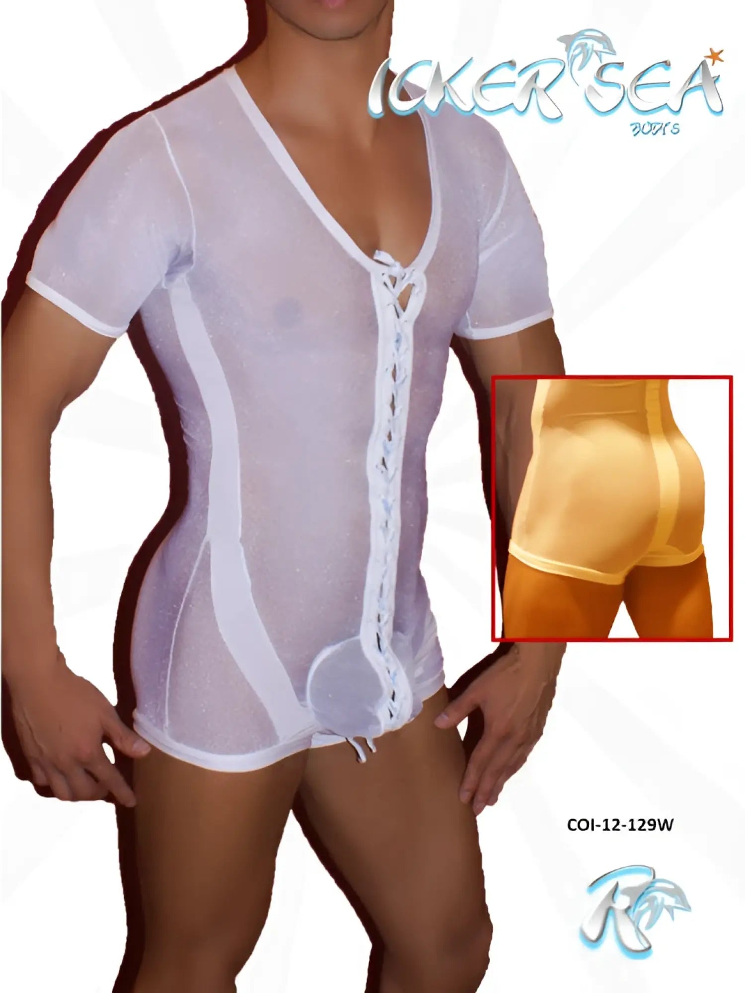White sheer lace-up front mesh bodysuit with white trim and v-neckline from icker sea collection