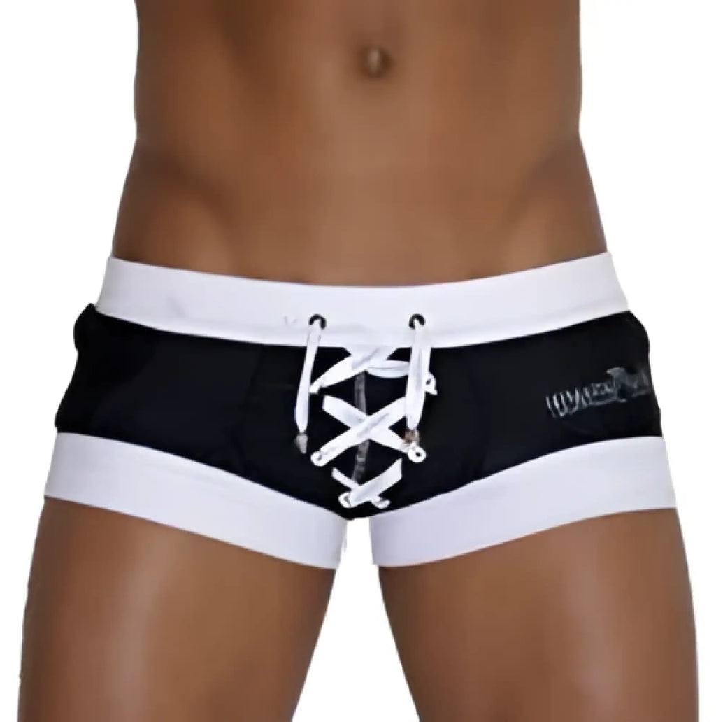 Black and white Icker Sea Legs shoe lace pouch square cut trunk swimwear with lace-up front detail