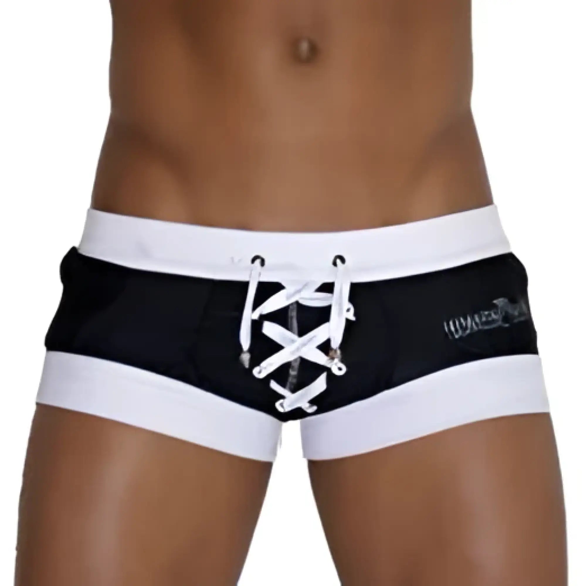Black and white Icker Sea Legs shoe lace pouch square cut trunk swimwear with lace-up front detail