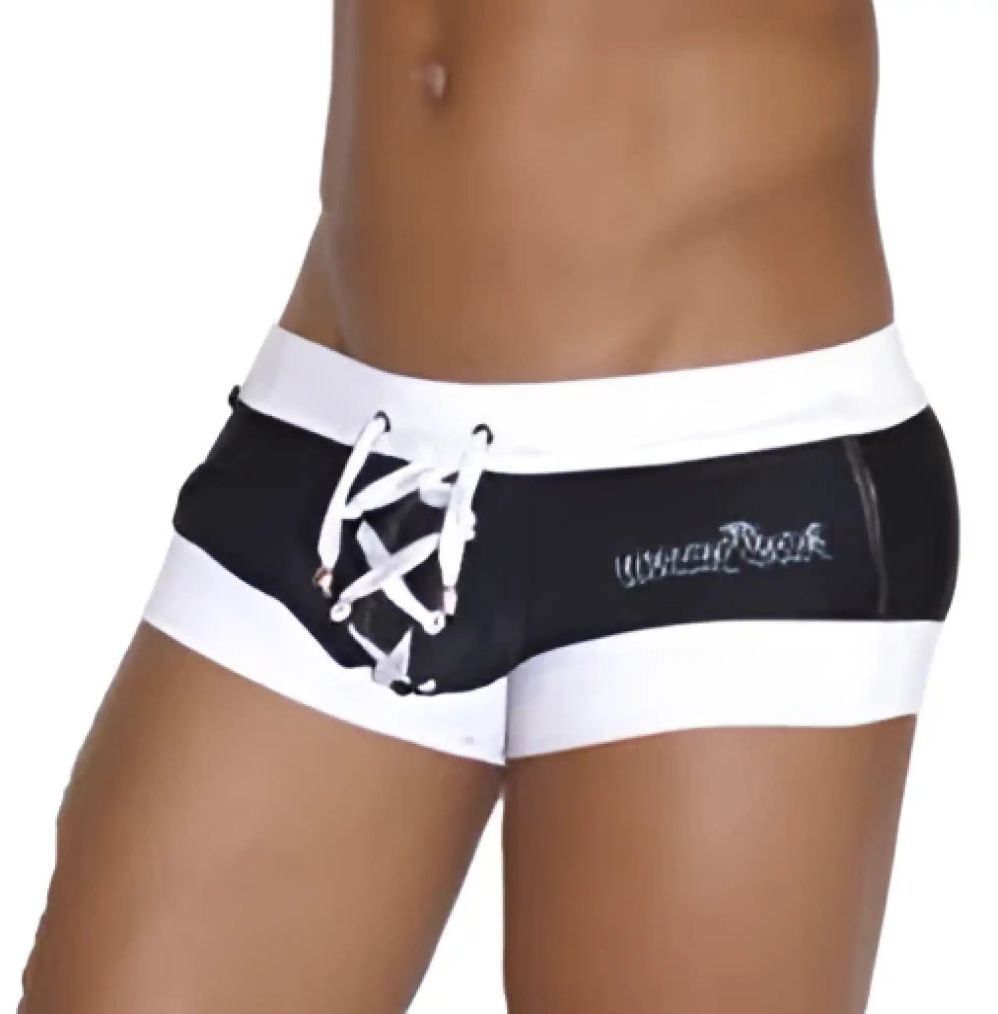 Black and white lace-up swim trunks with branded logo side pouch in square cut style by icker sea legs