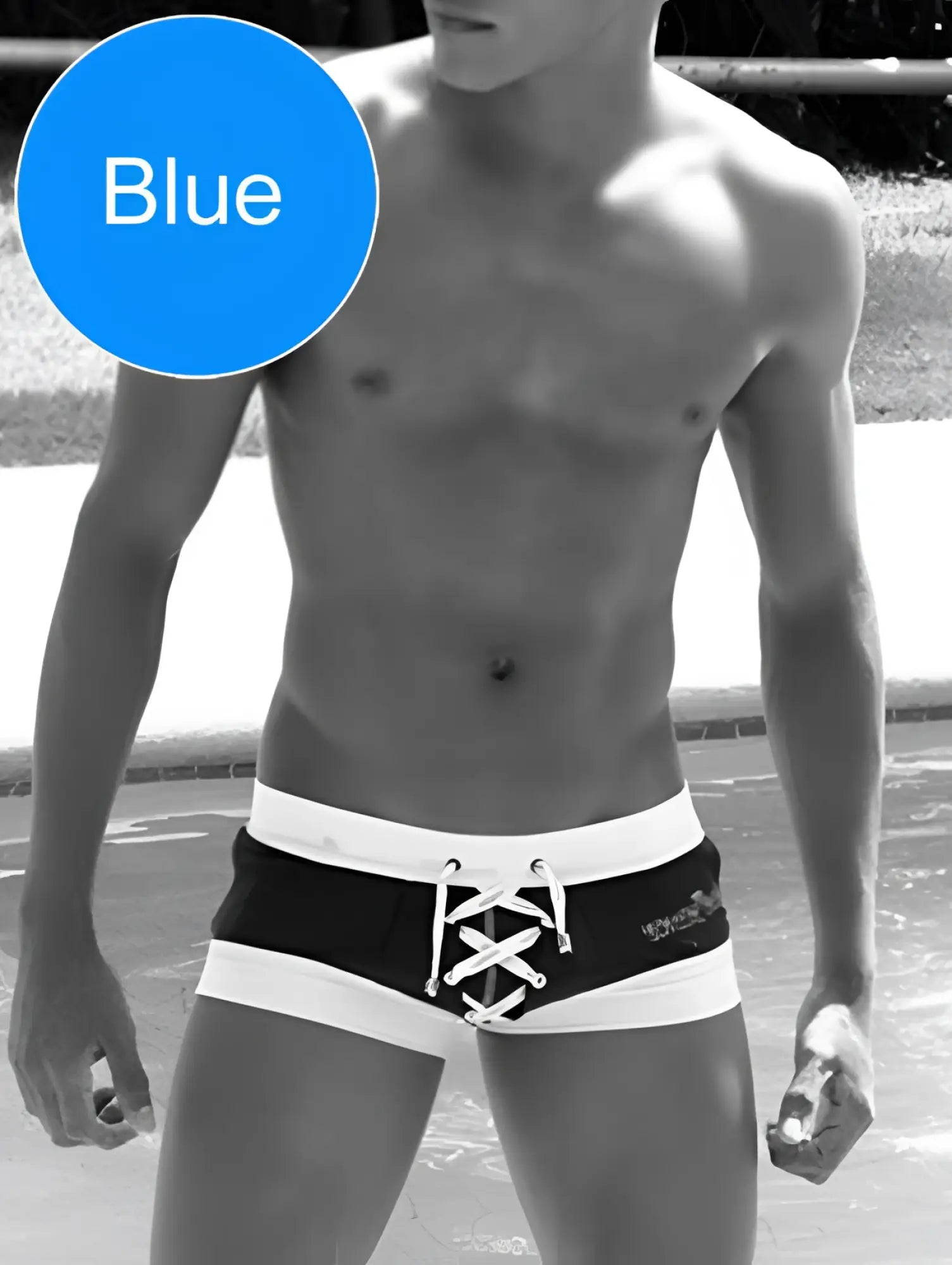Black and white Icker Sea Legs lace-up front swim trunks with square cut design for stylish swimwear use
