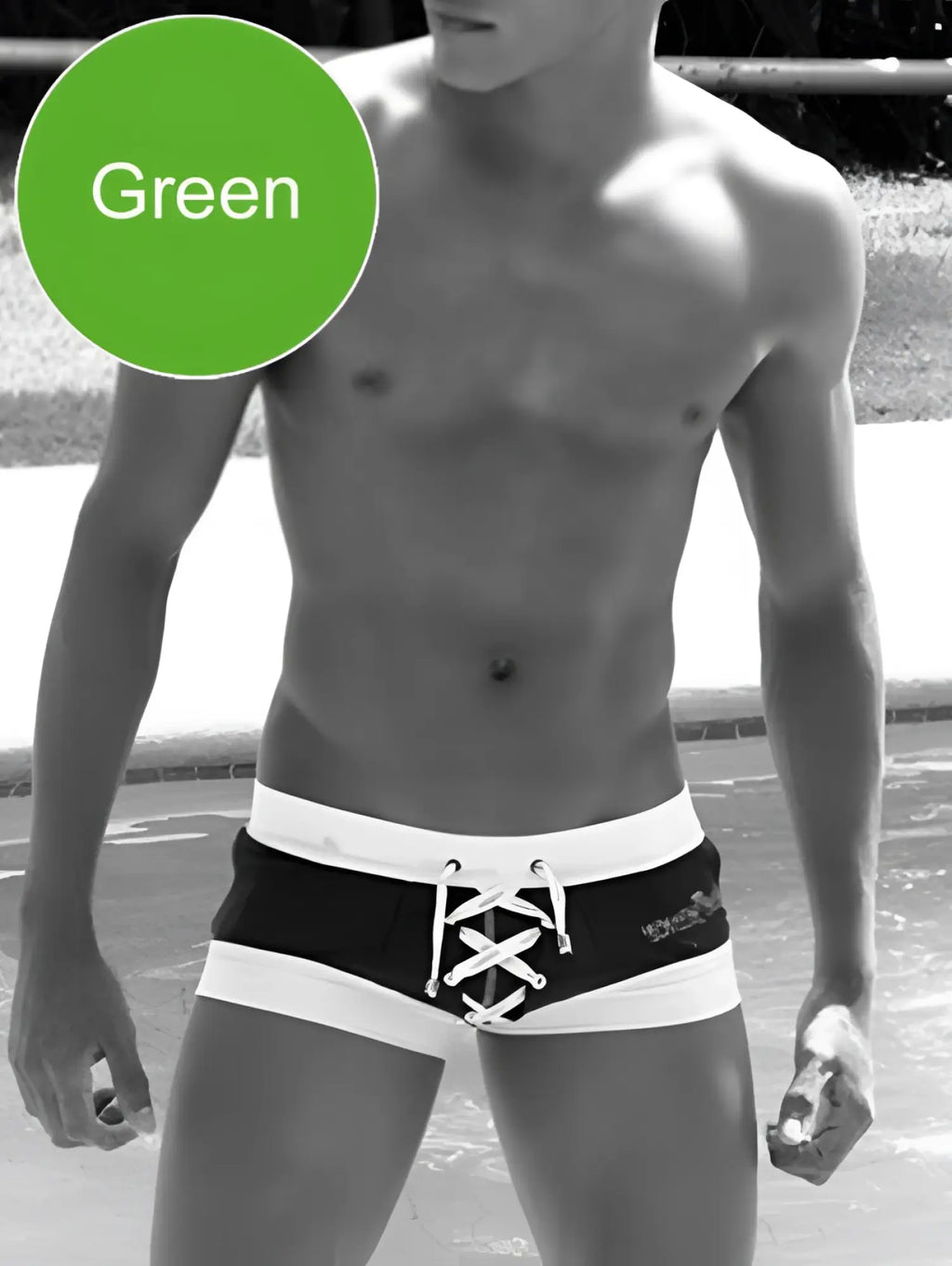 Black and white Icker sea legs shoe lace pouch square cut trunk swimwear with lace-up front detail in green cob-13-45