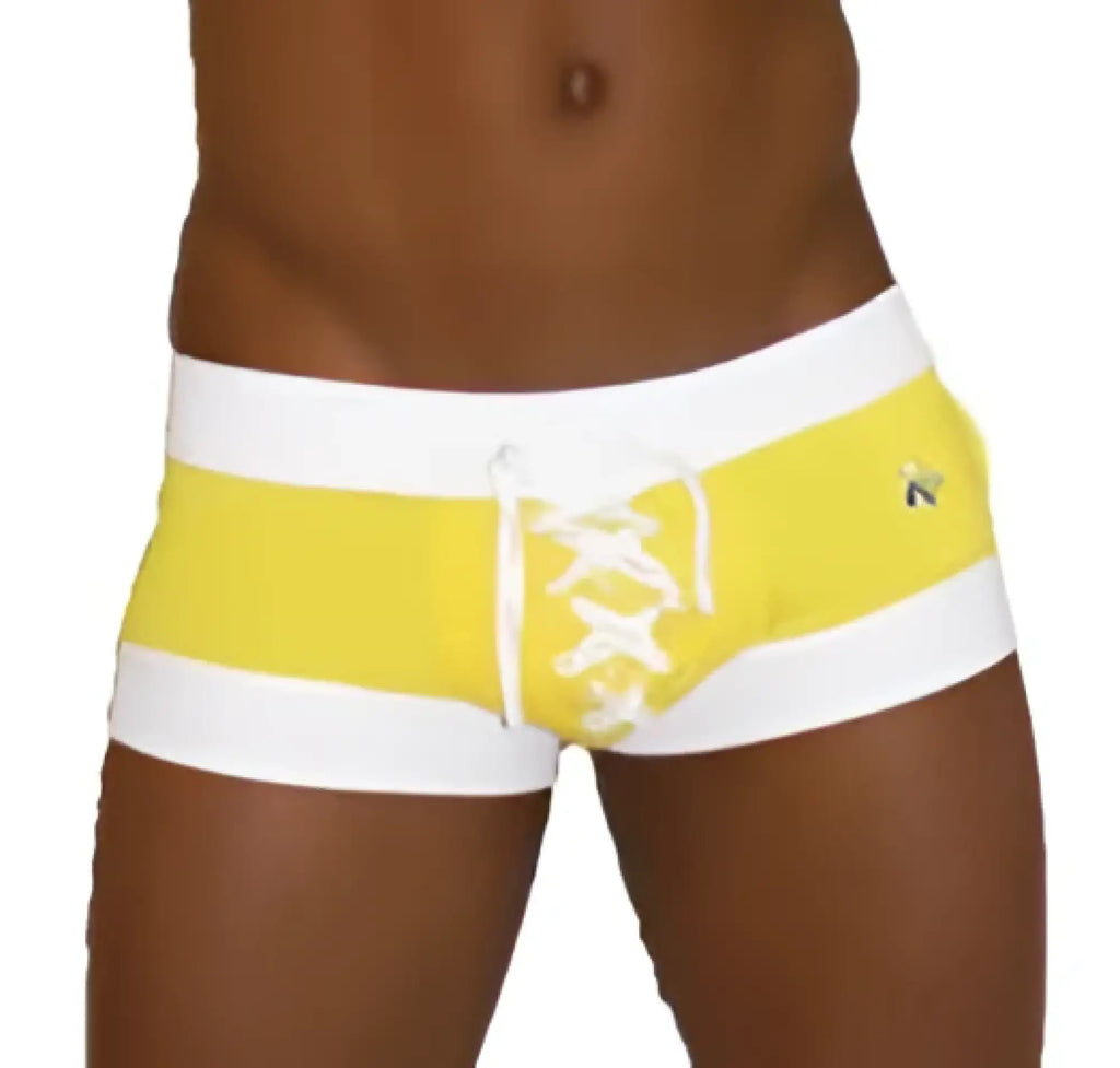 Yellow and white striped lace-up front swim trunks from icker sea legs shoe lace pouch square cut trunk swimwear mango collection