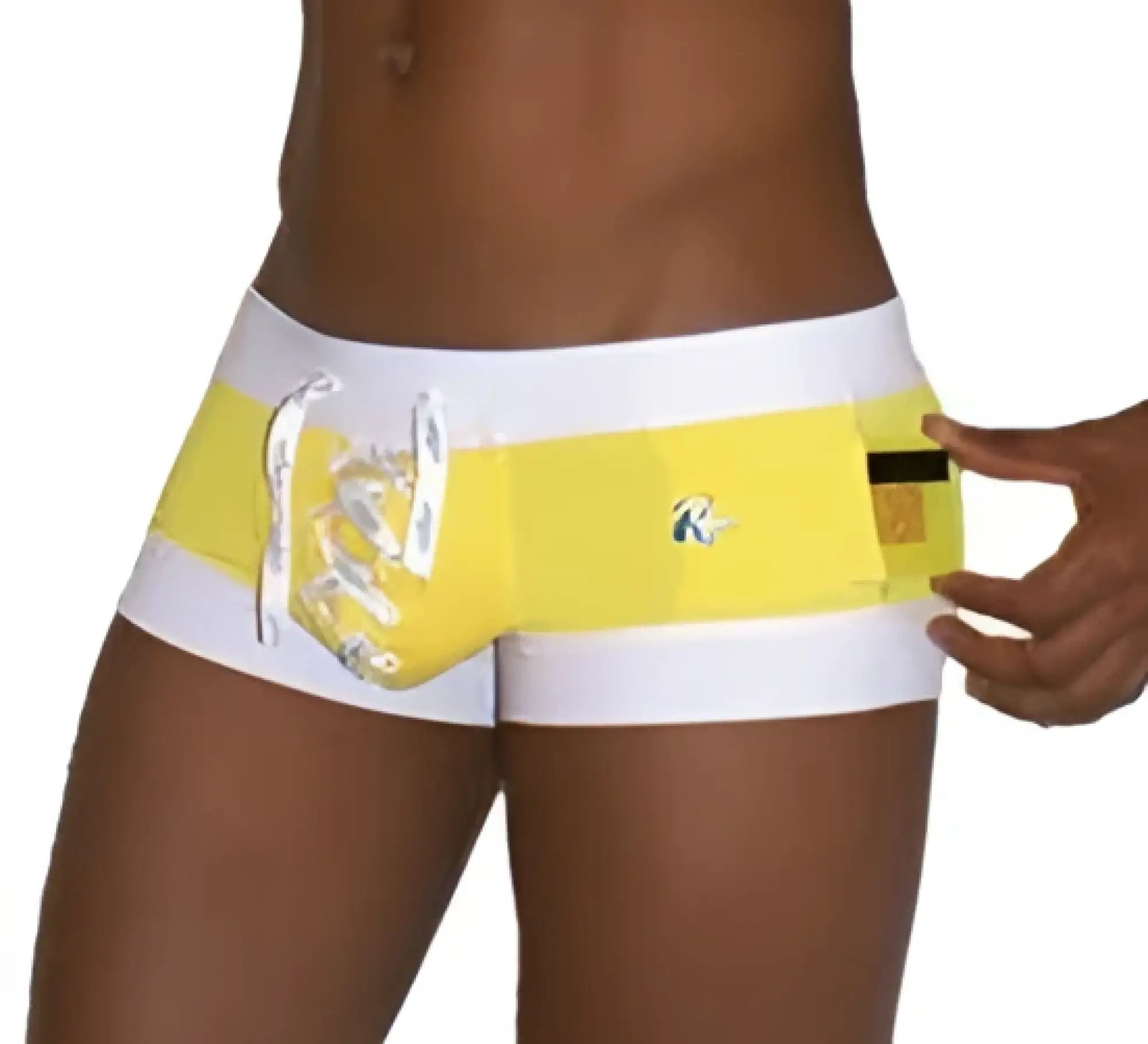 Yellow and white icker sea legs square cut swim trunks with shiny silver dragon design in mango color cob-13-44