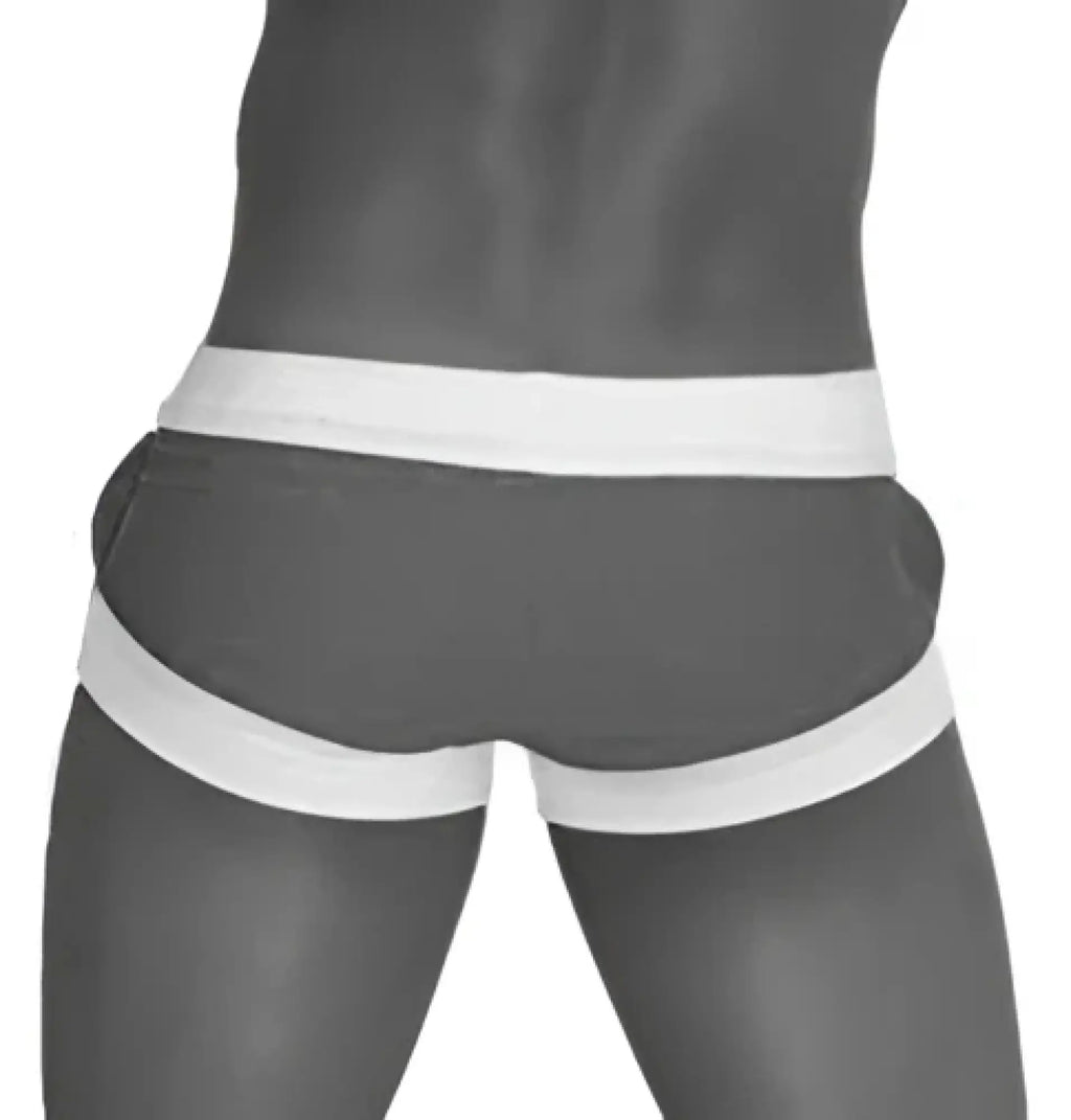 Black and white striped briefs with a snug fit in icker sea legs shoe lace pouch square cut trunk swimwear pink cob-13-45