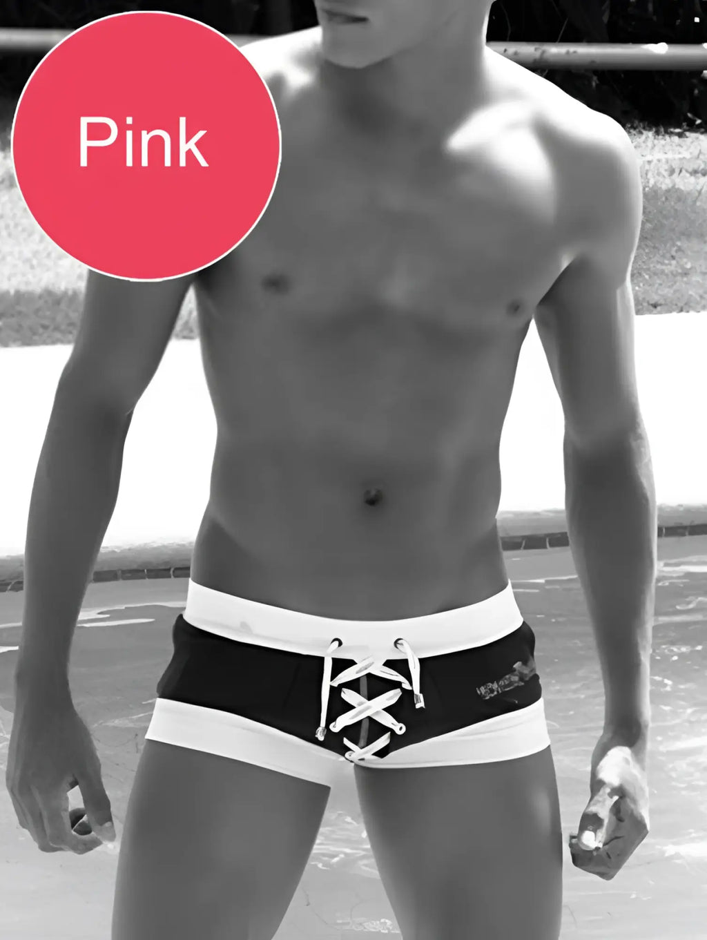 Black and white square cut trunk swimwear with lace-up front detail from icker sea legs shoe lace pouch collection