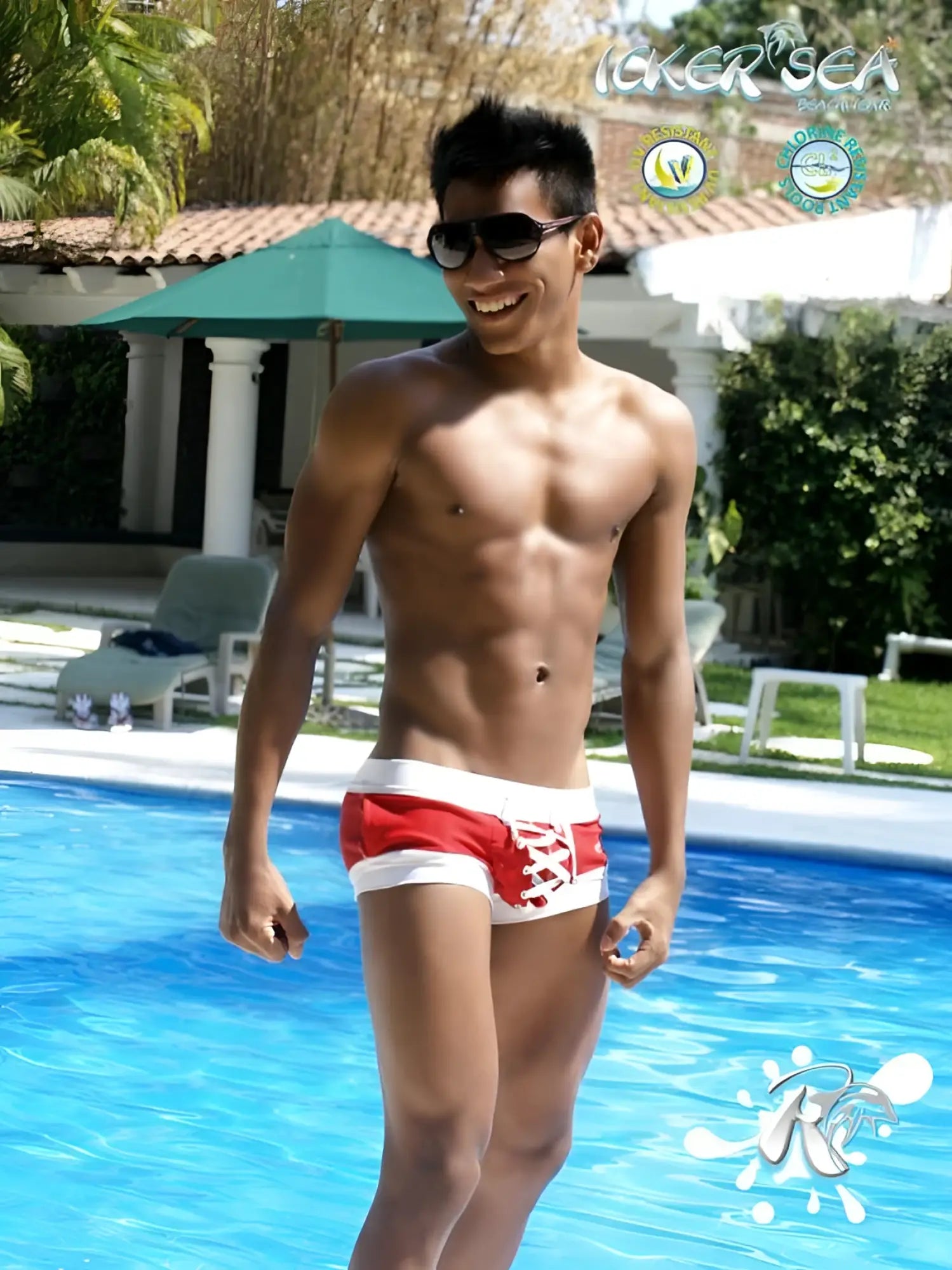 Red and white Icker Sea Legs shoe lace pouch square cut trunk swimwear with lace-up front design