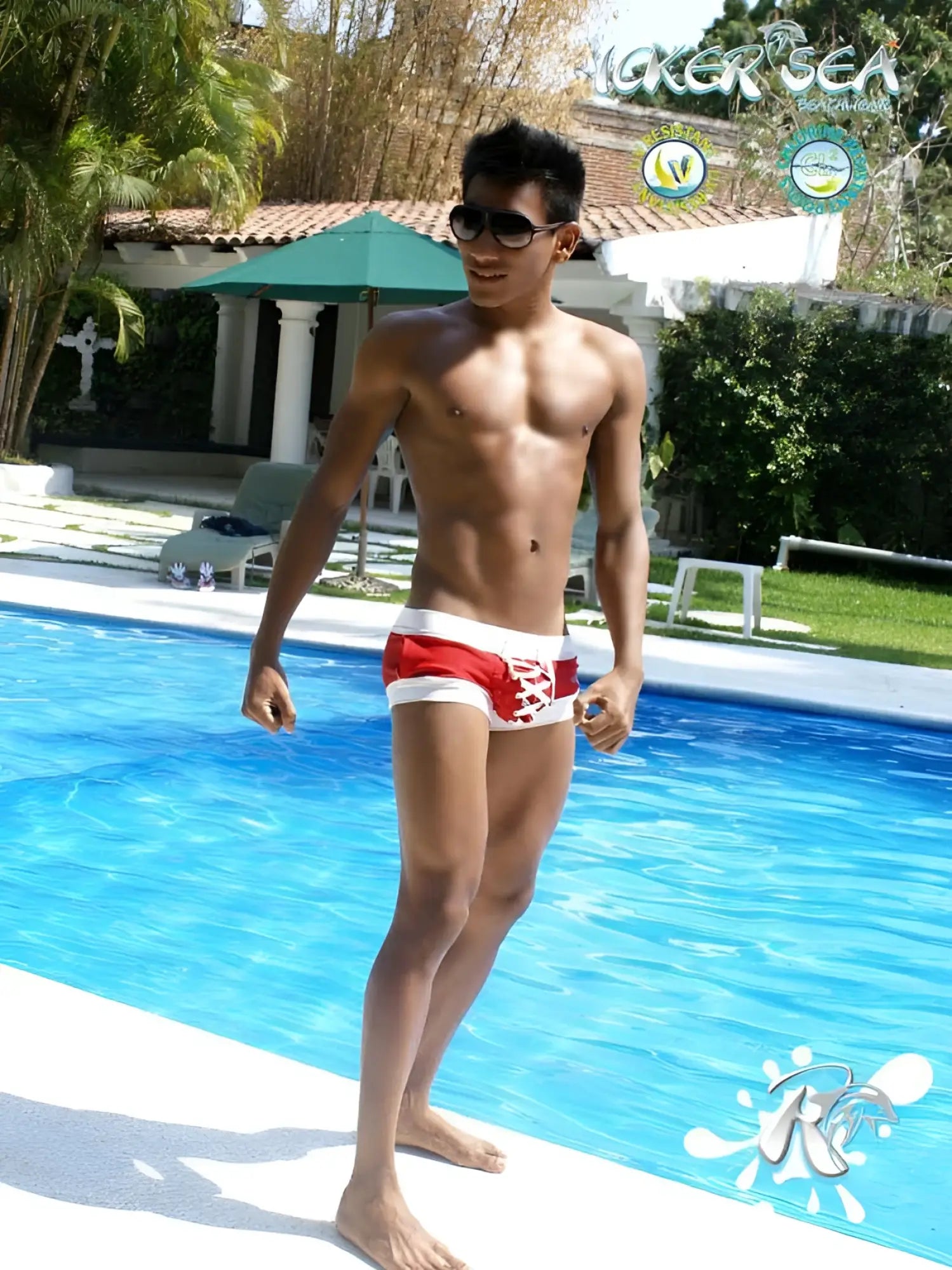 Icker Sea legs red and white swim trunks with lace-up front and square cut design for swimwear COB-13-45