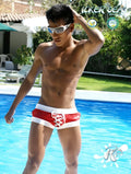 Icker sea legs red and white lace-up swim trunks with sleek athletic cut and shoe lace pouch for swimwear cob-13-45