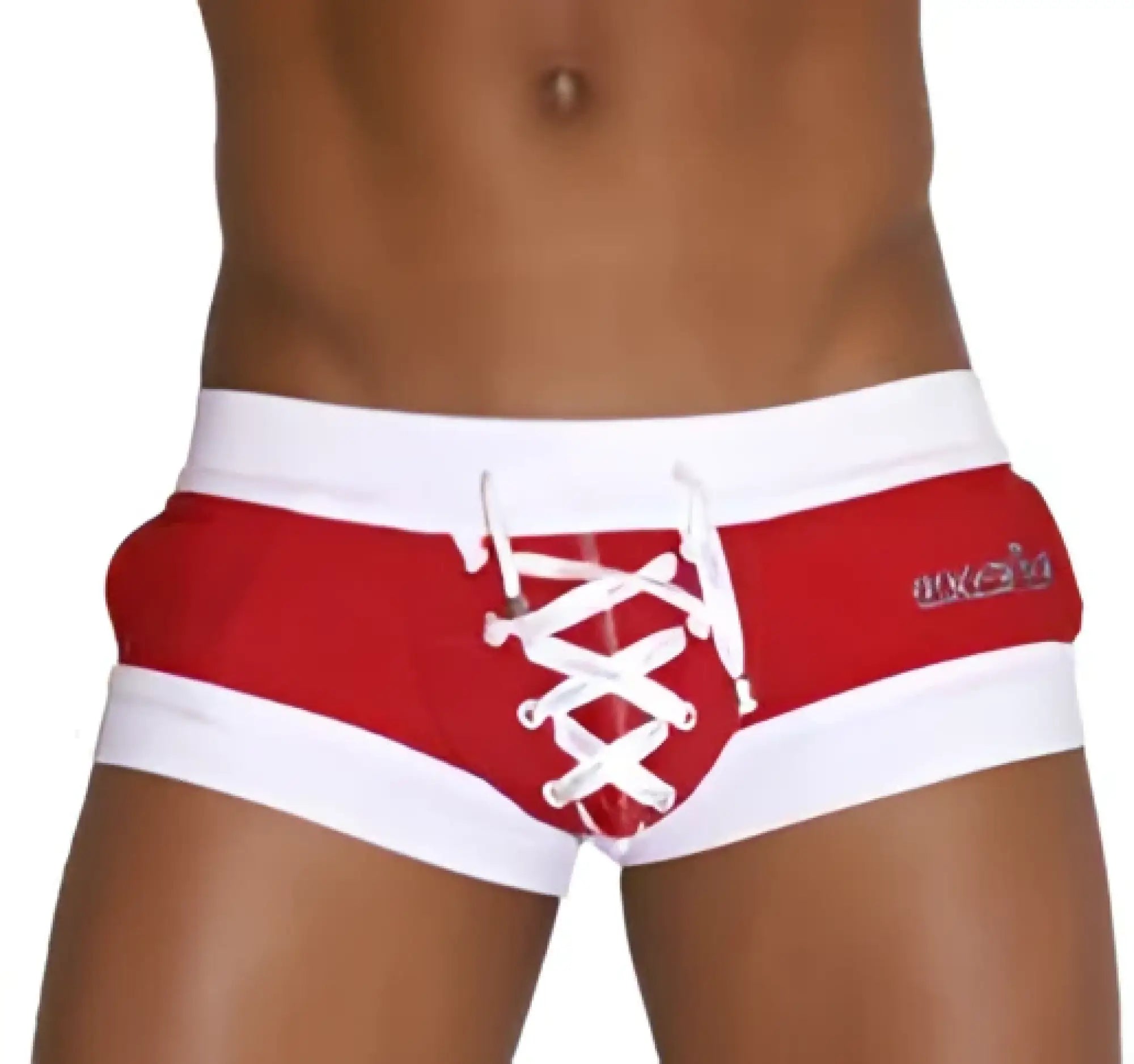 Red and white lace-up swim trunks with branded logo side pouch from icker sea legs square cut swimwear