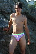 Icker sea letters bikini swimwear in pink with neon green waistband and bold blue lettering on vibrant swim trunks