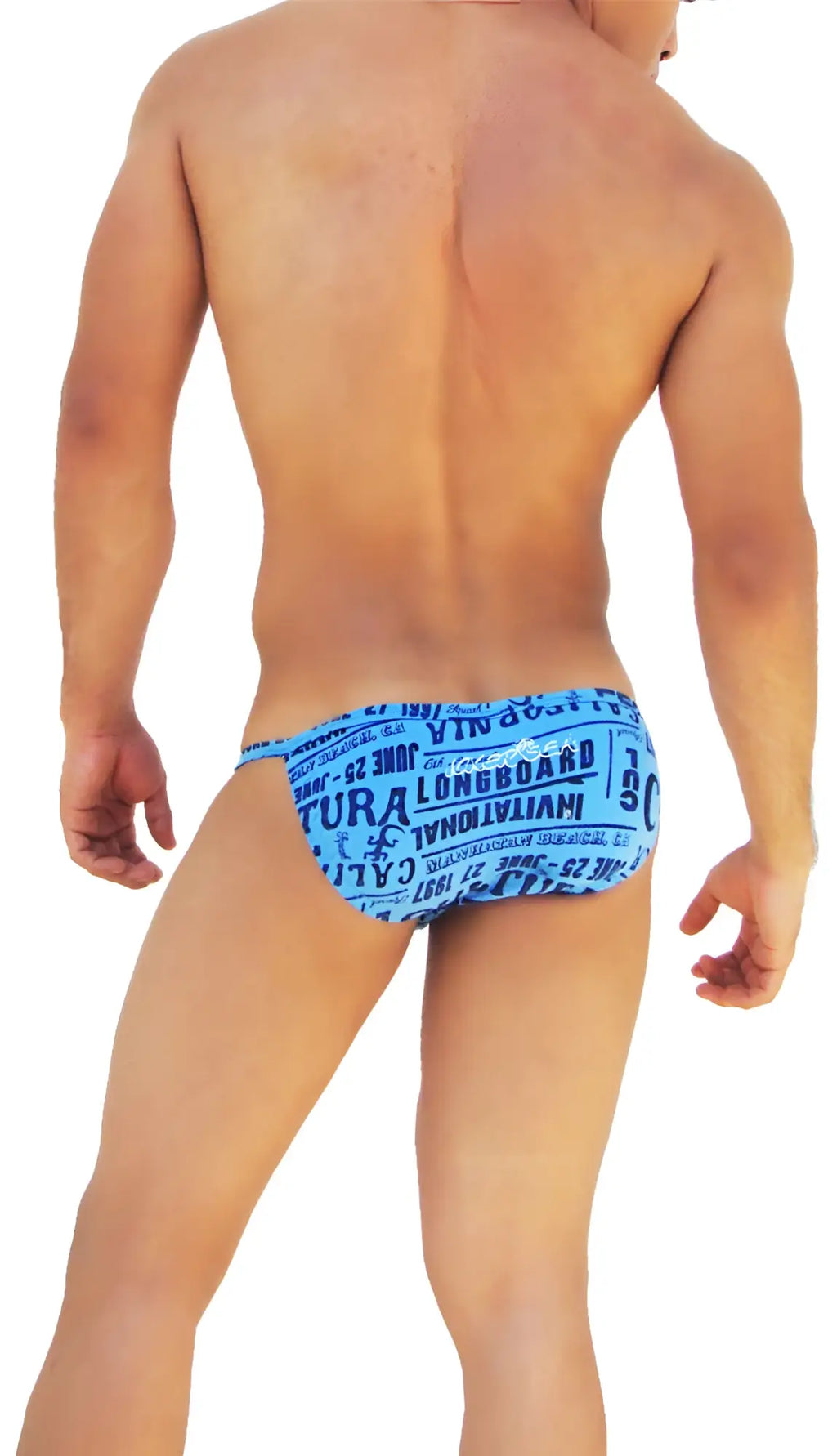 Blue icker sea letters microslip bikini underwear with bold vintage typography print featuring longboard text